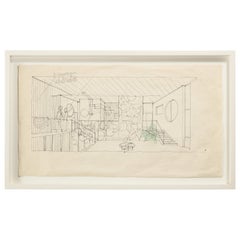Gio Ponti Architectural Drawing "Schizzo d'interni di Villa Caracas", Italy 1965
