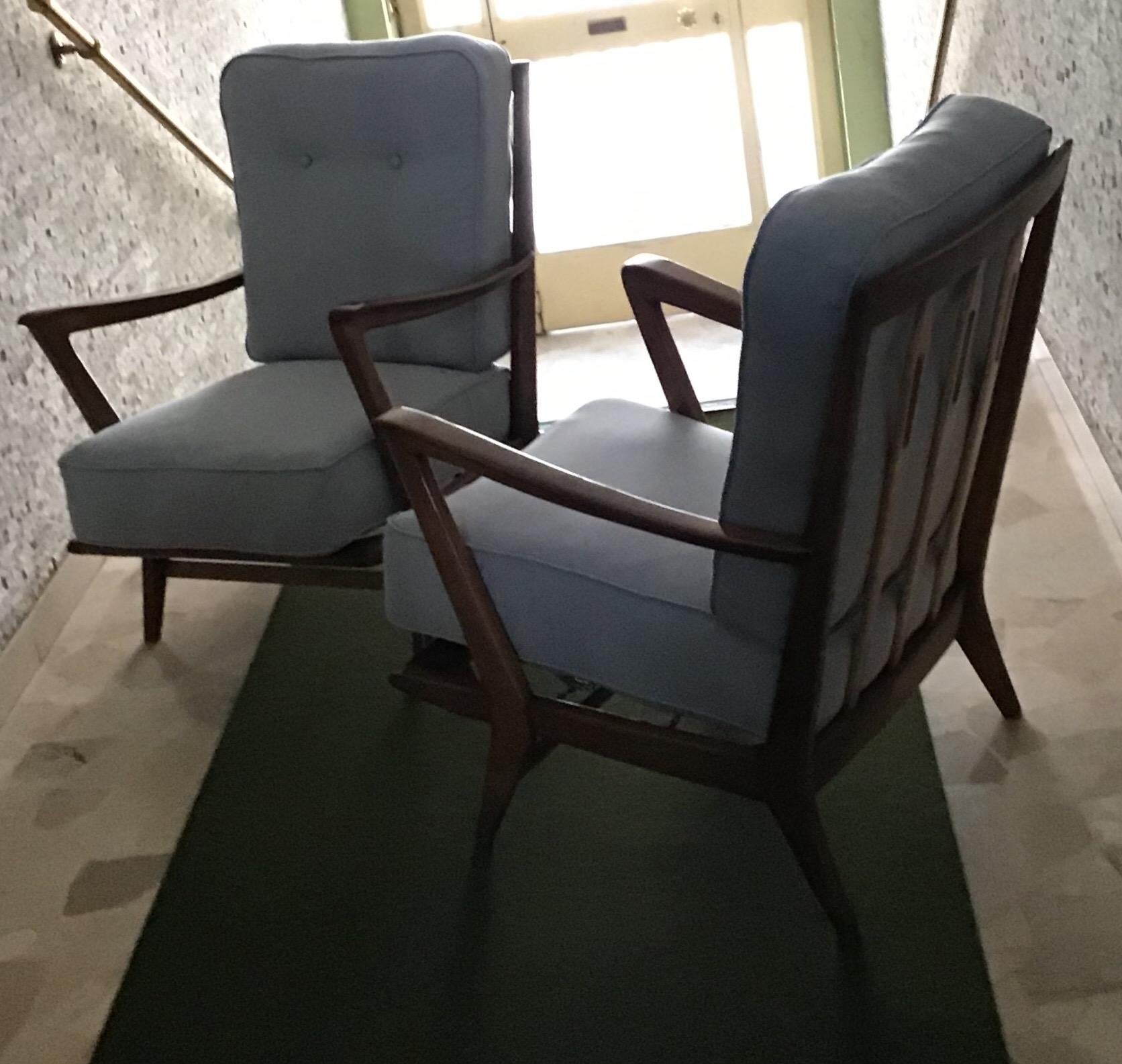   Gio Ponti Pair of Italian Armchairs, Wood and Cotton, 1950 Expertise Gio Ponti In Excellent Condition In Milano, IT