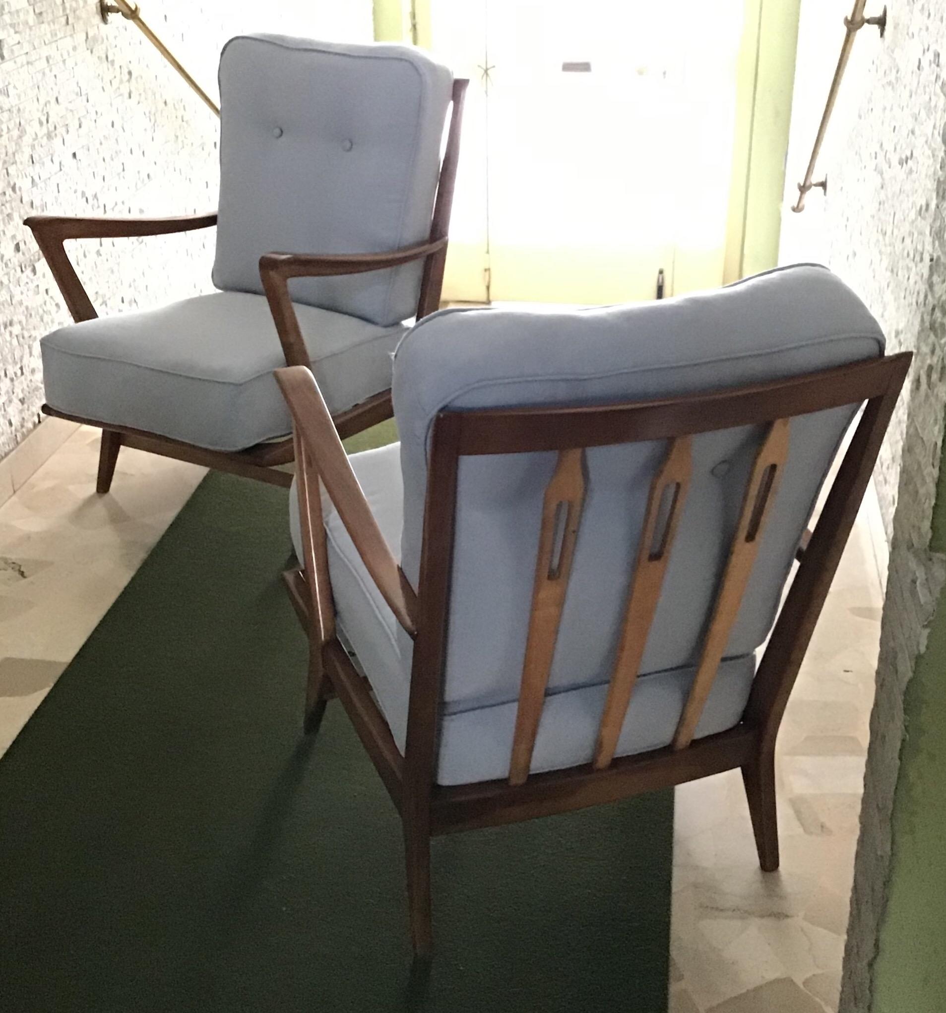   Gio Ponti Pair of Italian Armchairs, Wood and Cotton, 1950 Expertise Gio Ponti 1