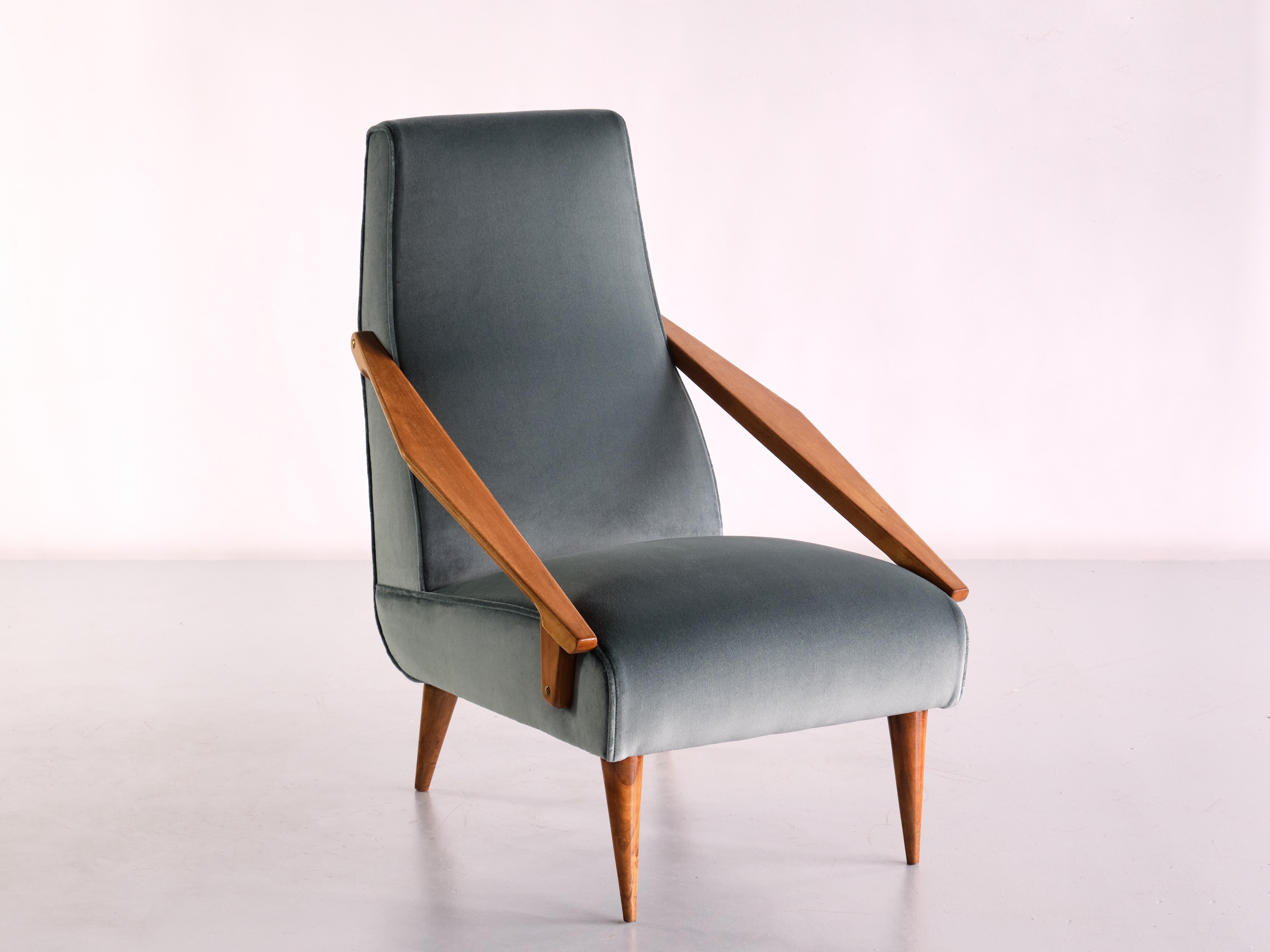 French Gio Ponti Armchair in Green Loro Piana Velvet and Ash Wood, Boucher & Fils, 1955