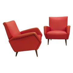 Gio Ponti Armchairs in Original Red Imitation Leather Upholstery, 1950