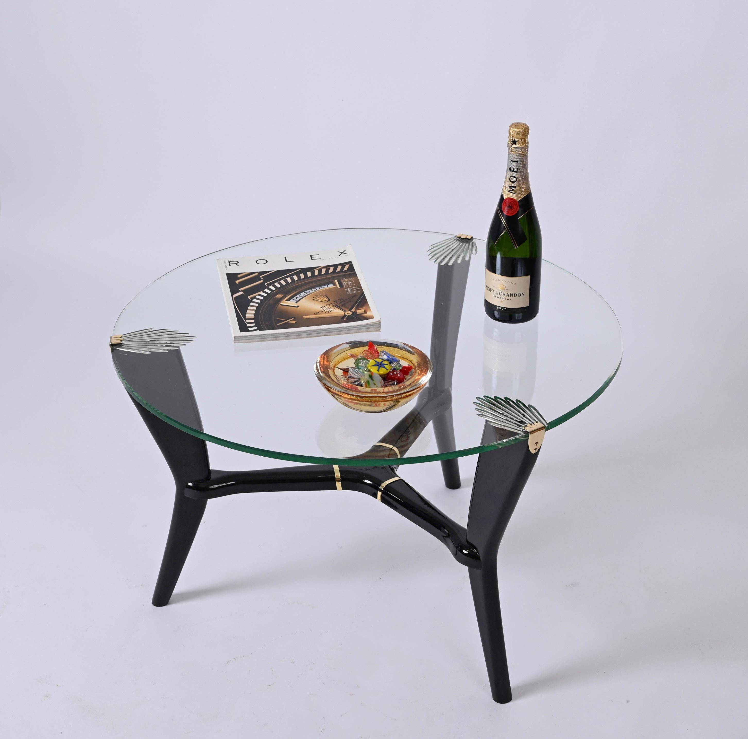 Deco Ebonized Wood and Glass Round Italian Coffee Table, Gio Ponti Style 1940s 5