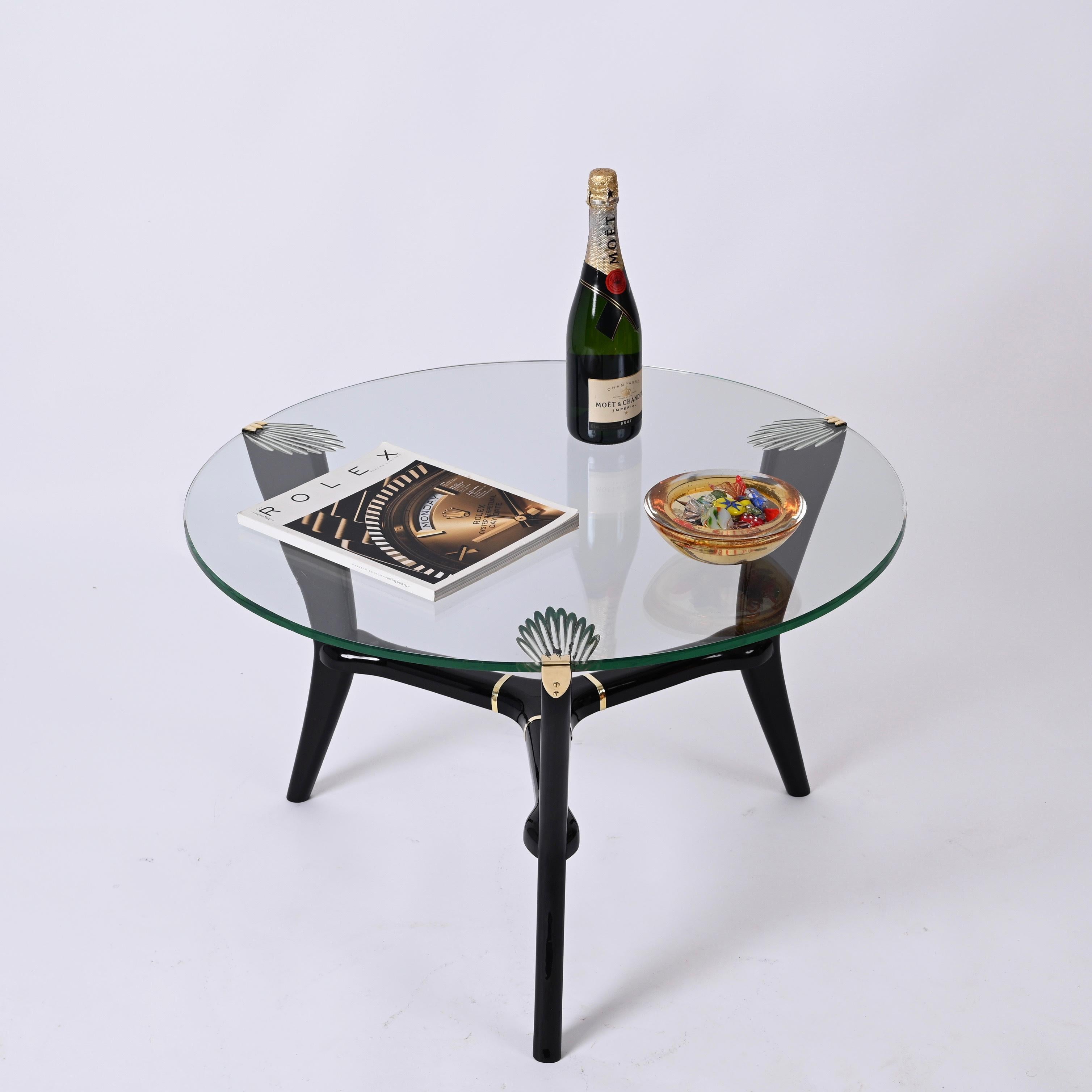 Deco Ebonized Wood and Glass Round Italian Coffee Table, Gio Ponti Style 1940s 7