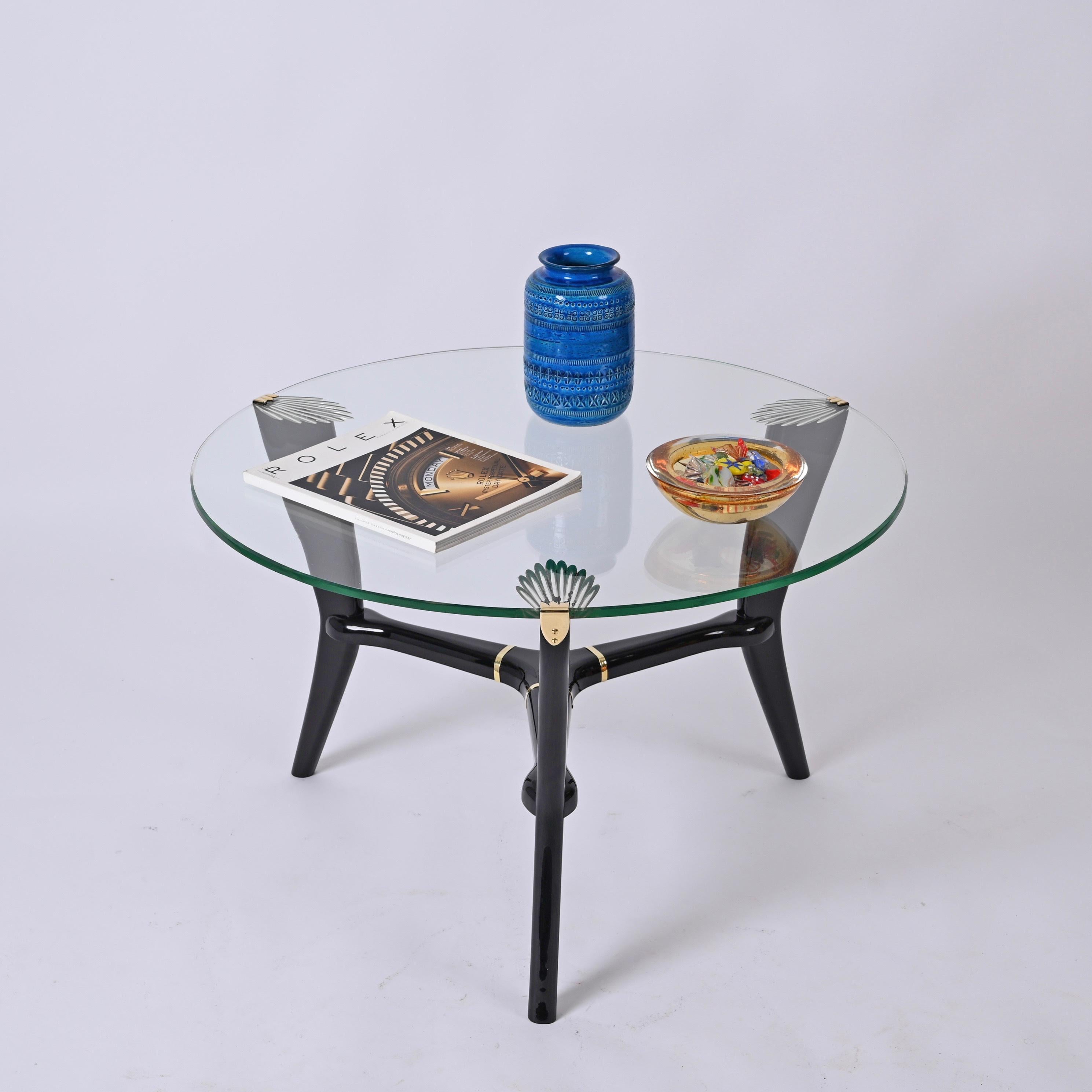 Deco Ebonized Wood and Glass Round Italian Coffee Table, Gio Ponti Style 1940s 8