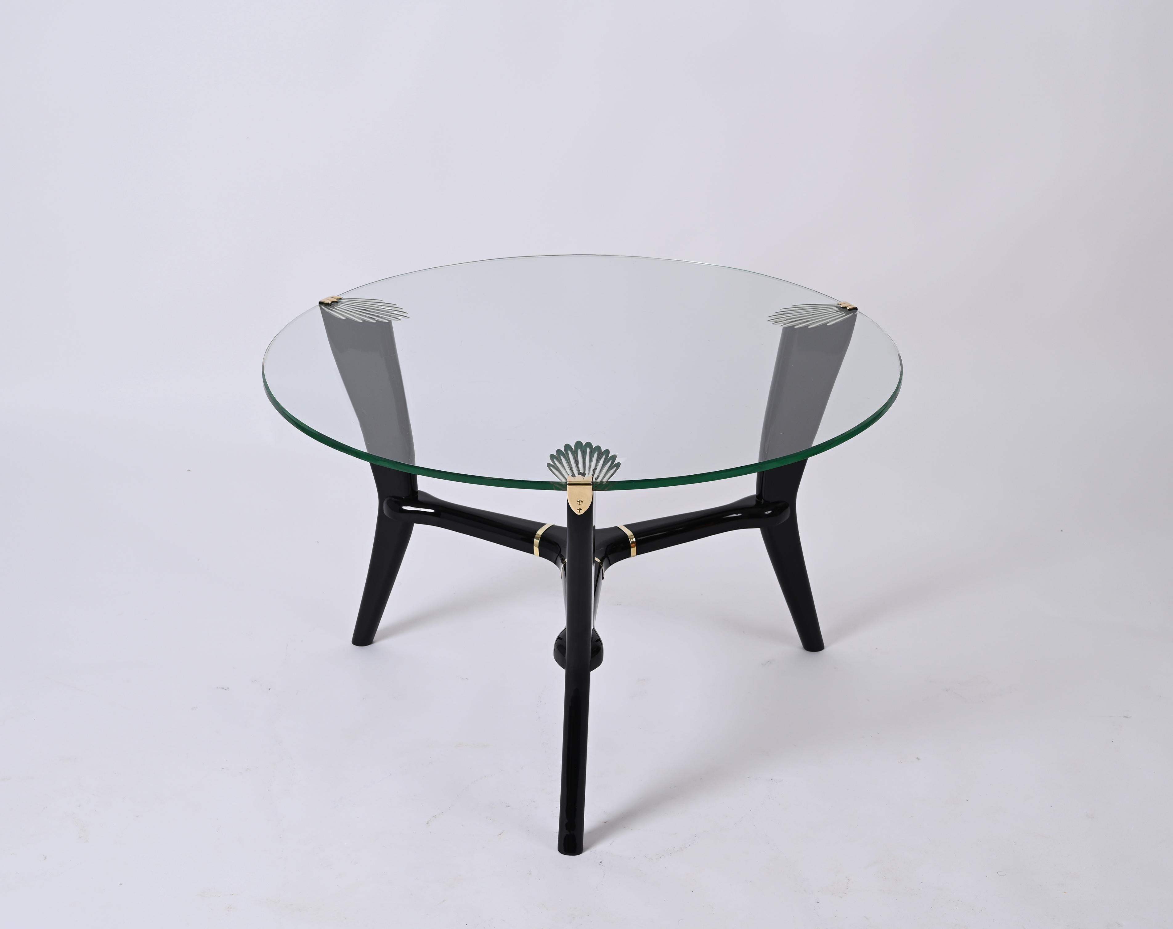 Deco Ebonized Wood and Glass Round Italian Coffee Table, Gio Ponti Style 1940s 9