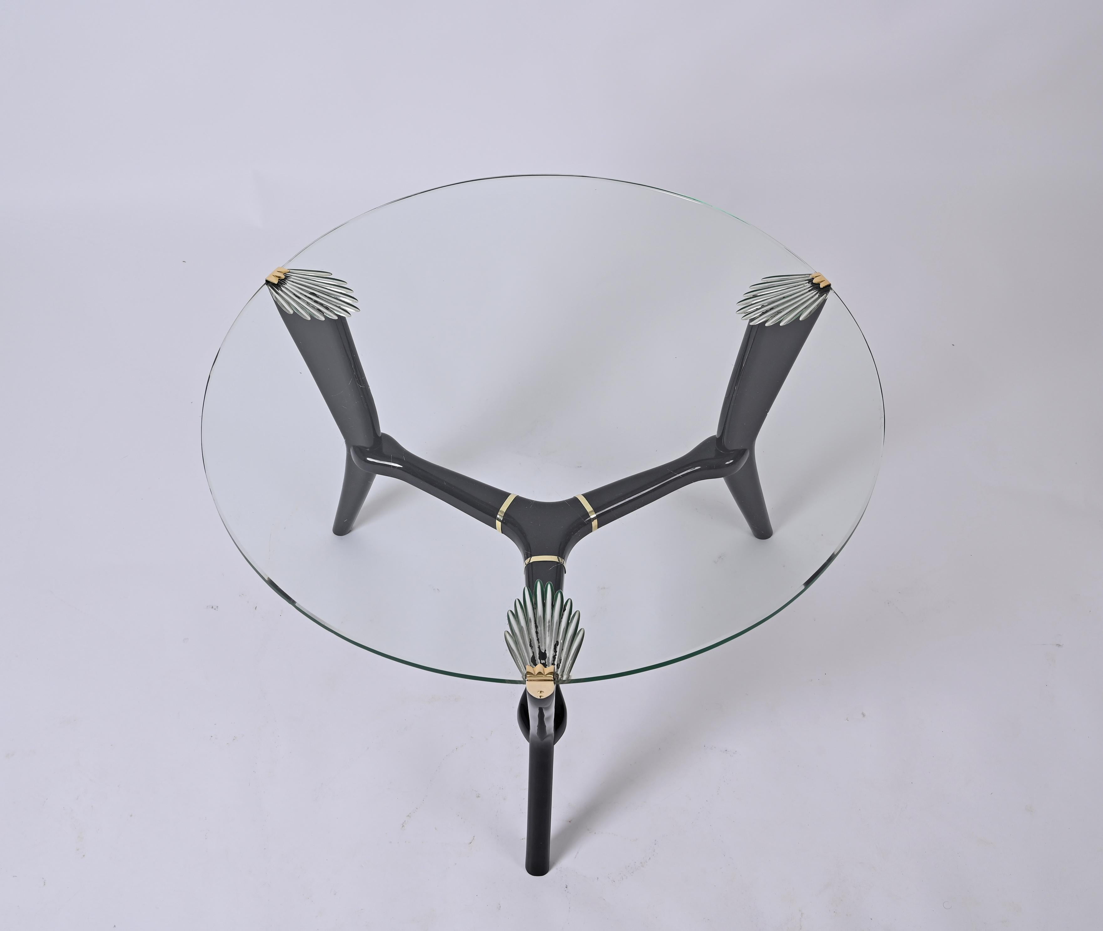 Deco Ebonized Wood and Glass Round Italian Coffee Table, Gio Ponti Style 1940s 10