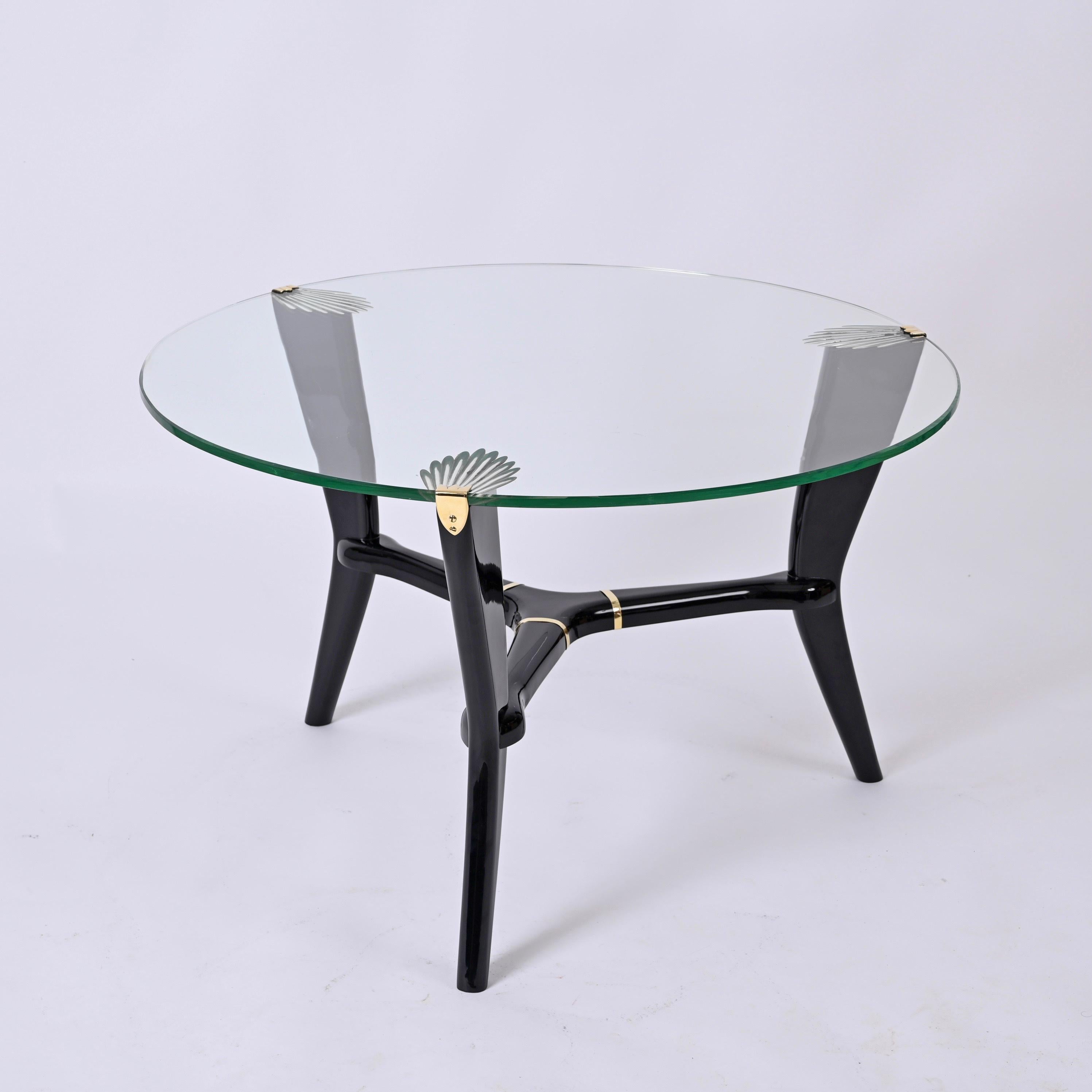 Deco Ebonized Wood and Glass Round Italian Coffee Table, Gio Ponti Style 1940s 13