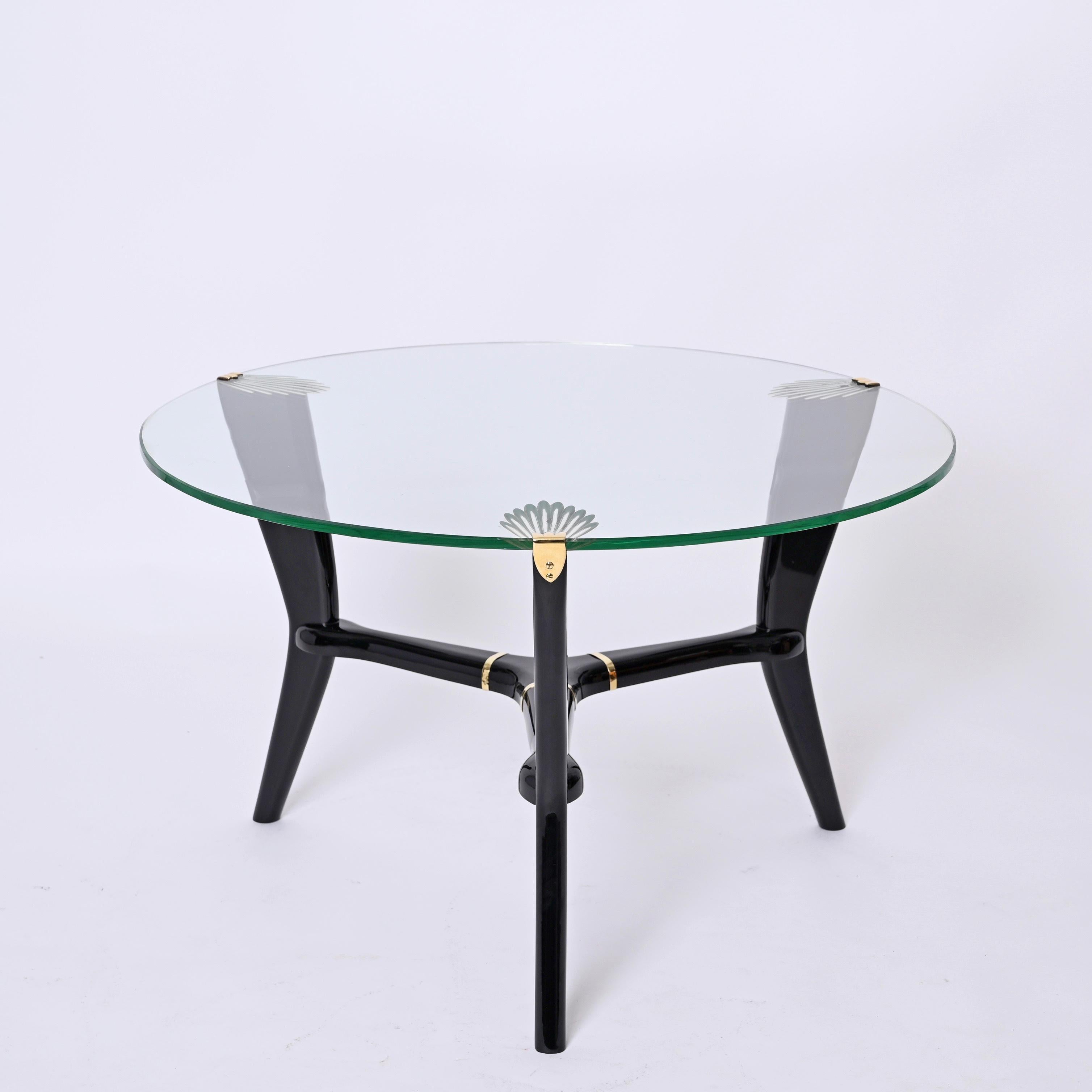 Deco Ebonized Wood and Glass Round Italian Coffee Table, Gio Ponti Style 1940s 14