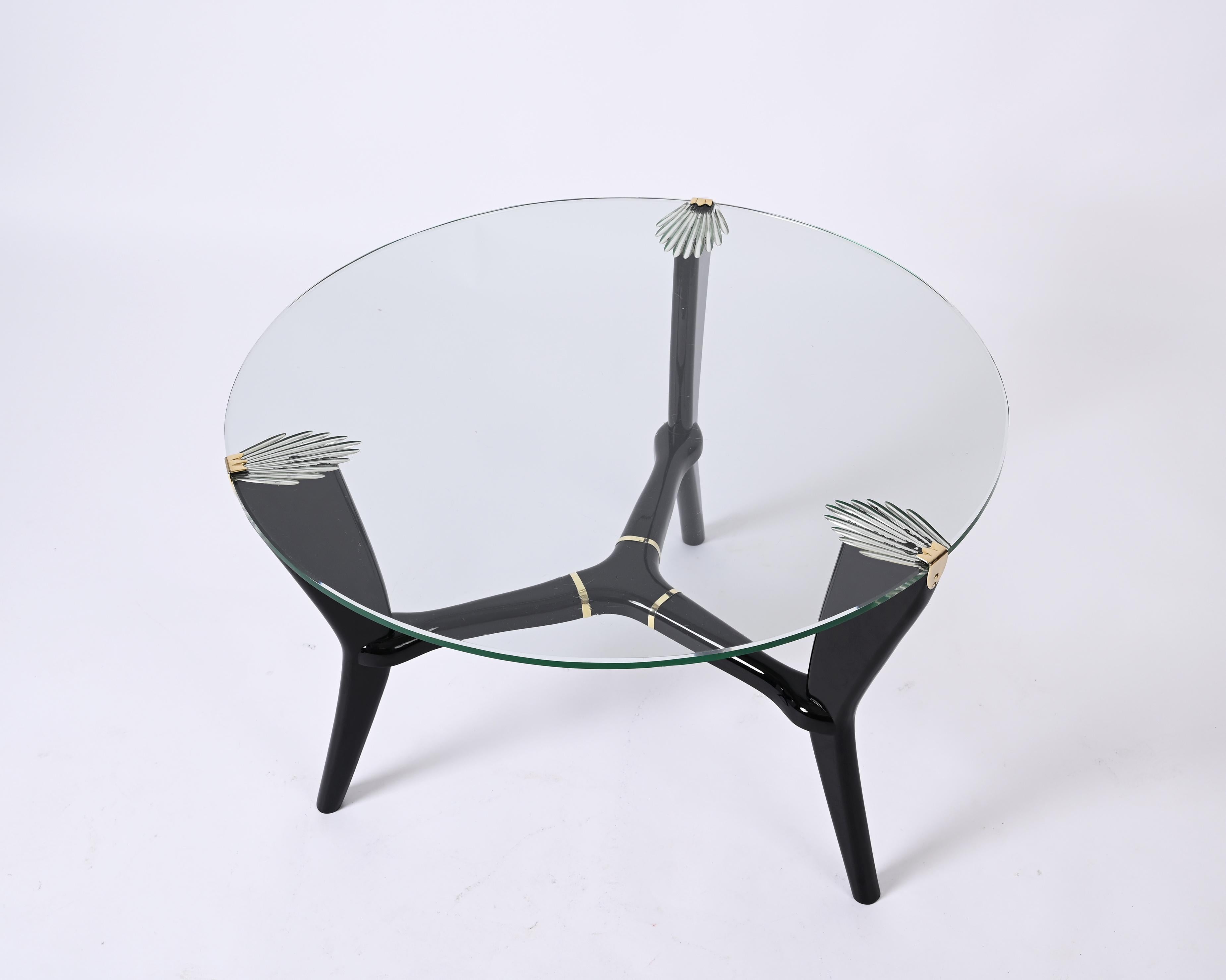 Art Deco Deco Ebonized Wood and Glass Round Italian Coffee Table, Gio Ponti Style 1940s