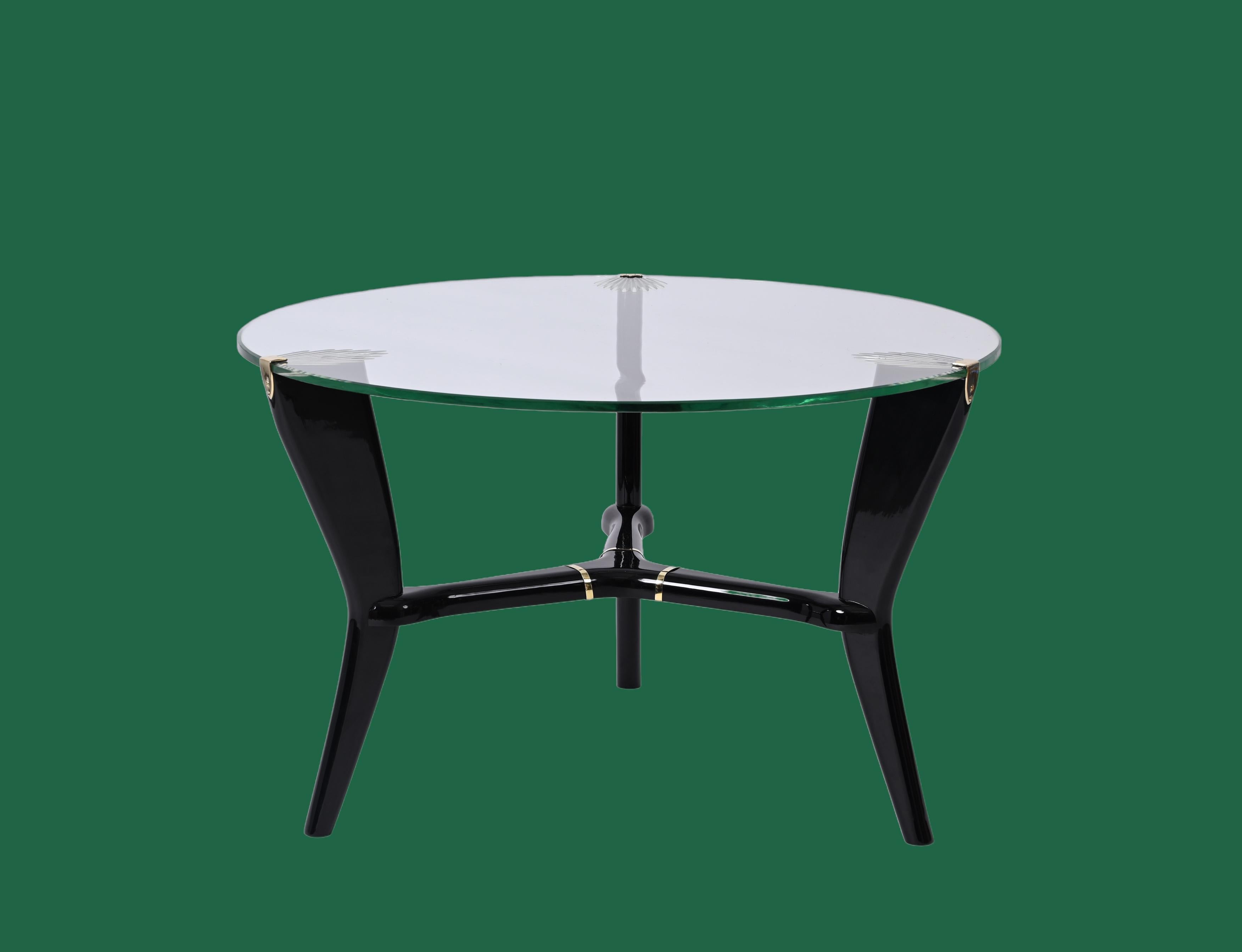 Deco Ebonized Wood and Glass Round Italian Coffee Table, Gio Ponti Style 1940s 1