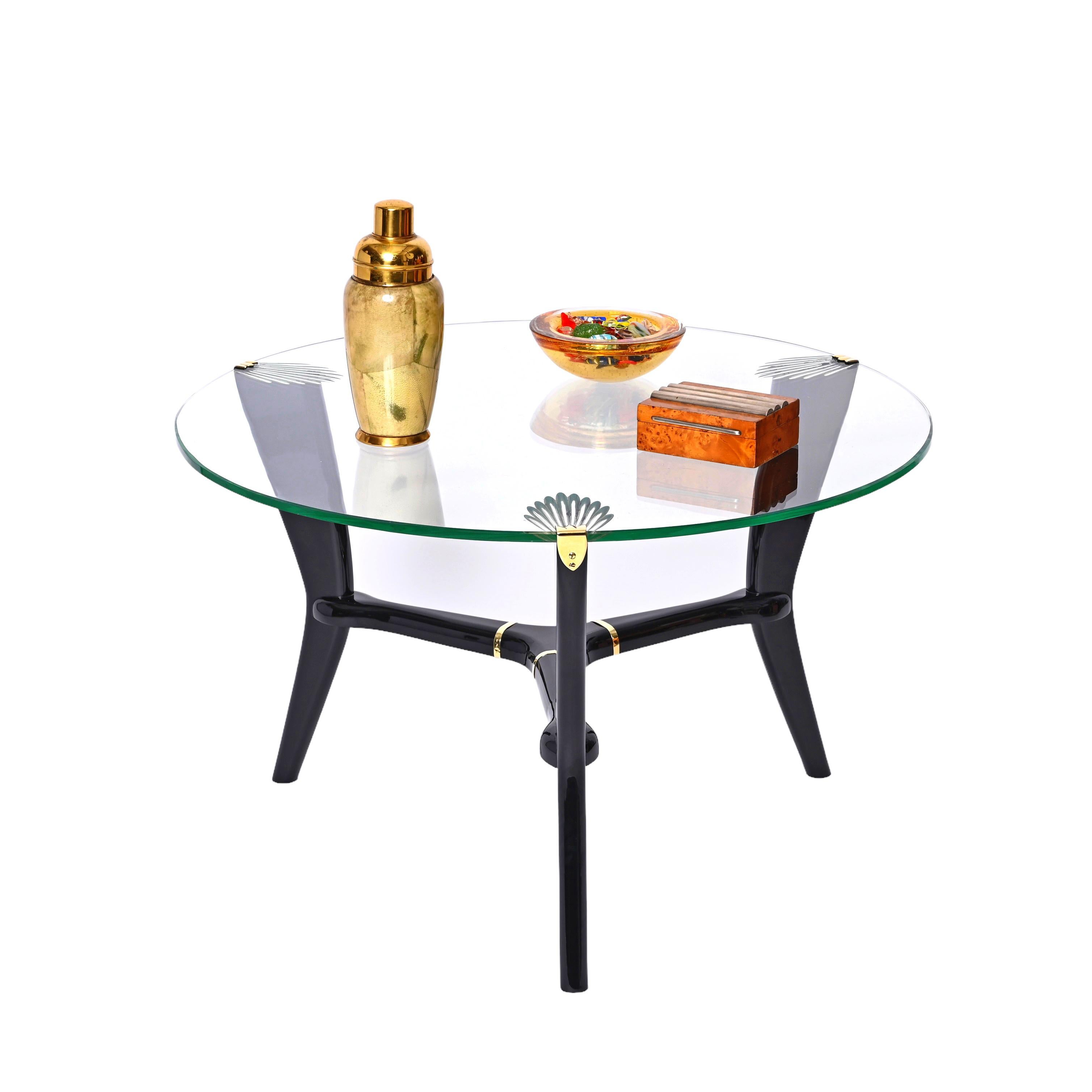 Deco Ebonized Wood and Glass Round Italian Coffee Table, Gio Ponti Style 1940s 2