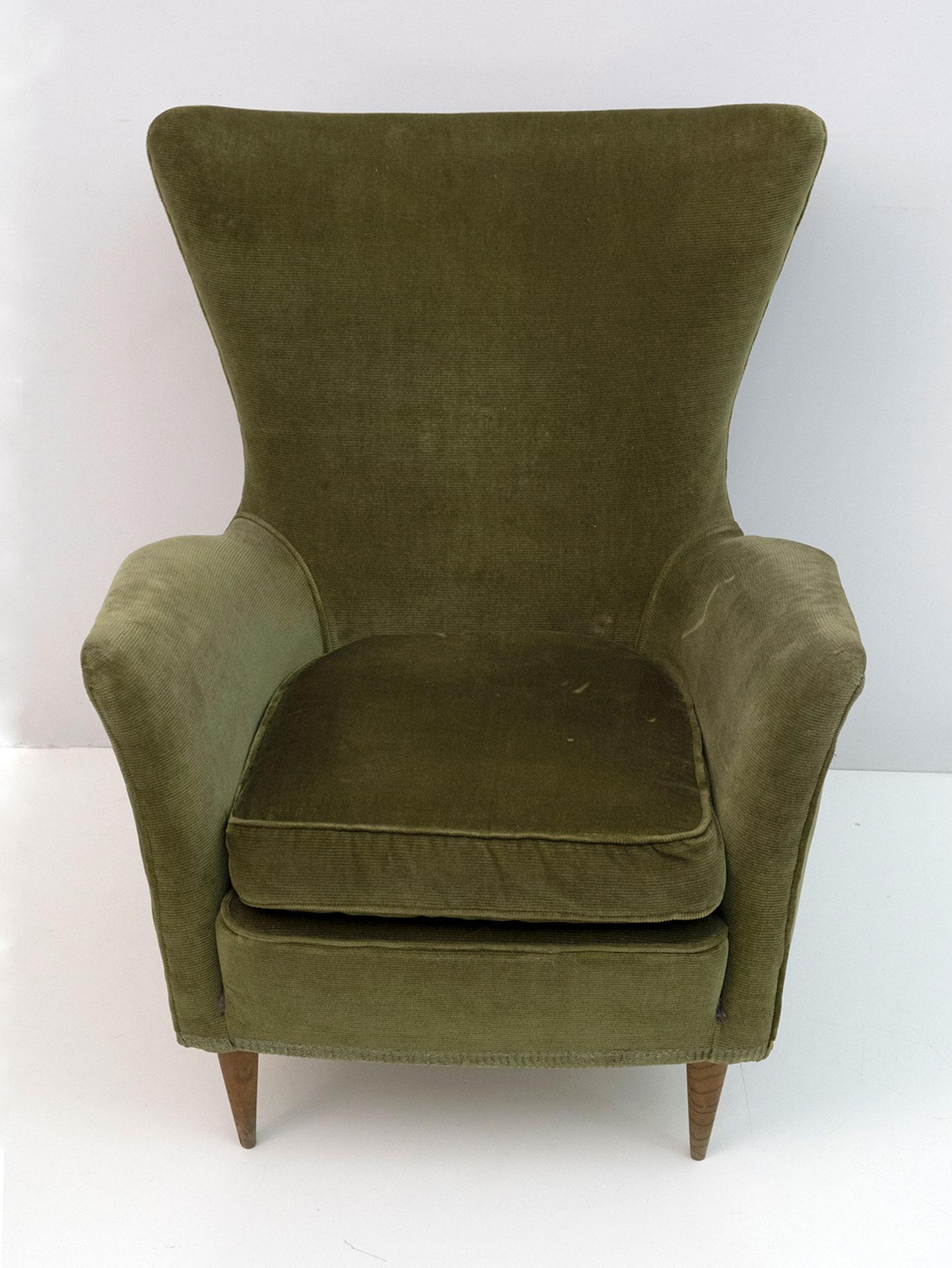 Velvet Gio Ponti Art Dèco Italian Lounge Armchair from Hotel Bristol Merano, 50s