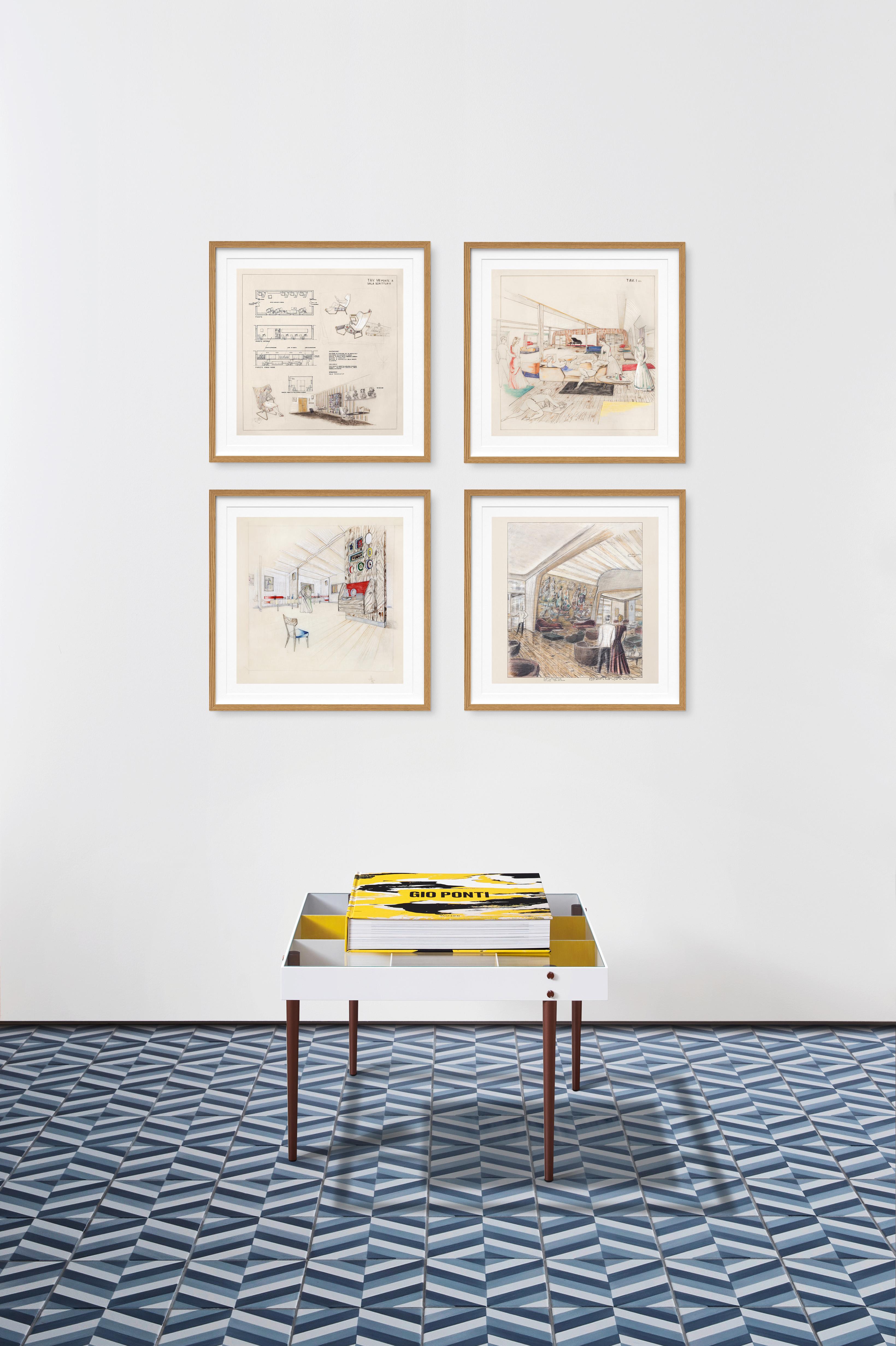 This numbered Art Edition of 1,000 copies (Hardcover book, 36 x 36 cm, 572 pages) is accompanied by an exclusive, square format reproduction of the Arlecchino coffee table designed by Gio Ponti and a set of four numbered ocean liner interior prints