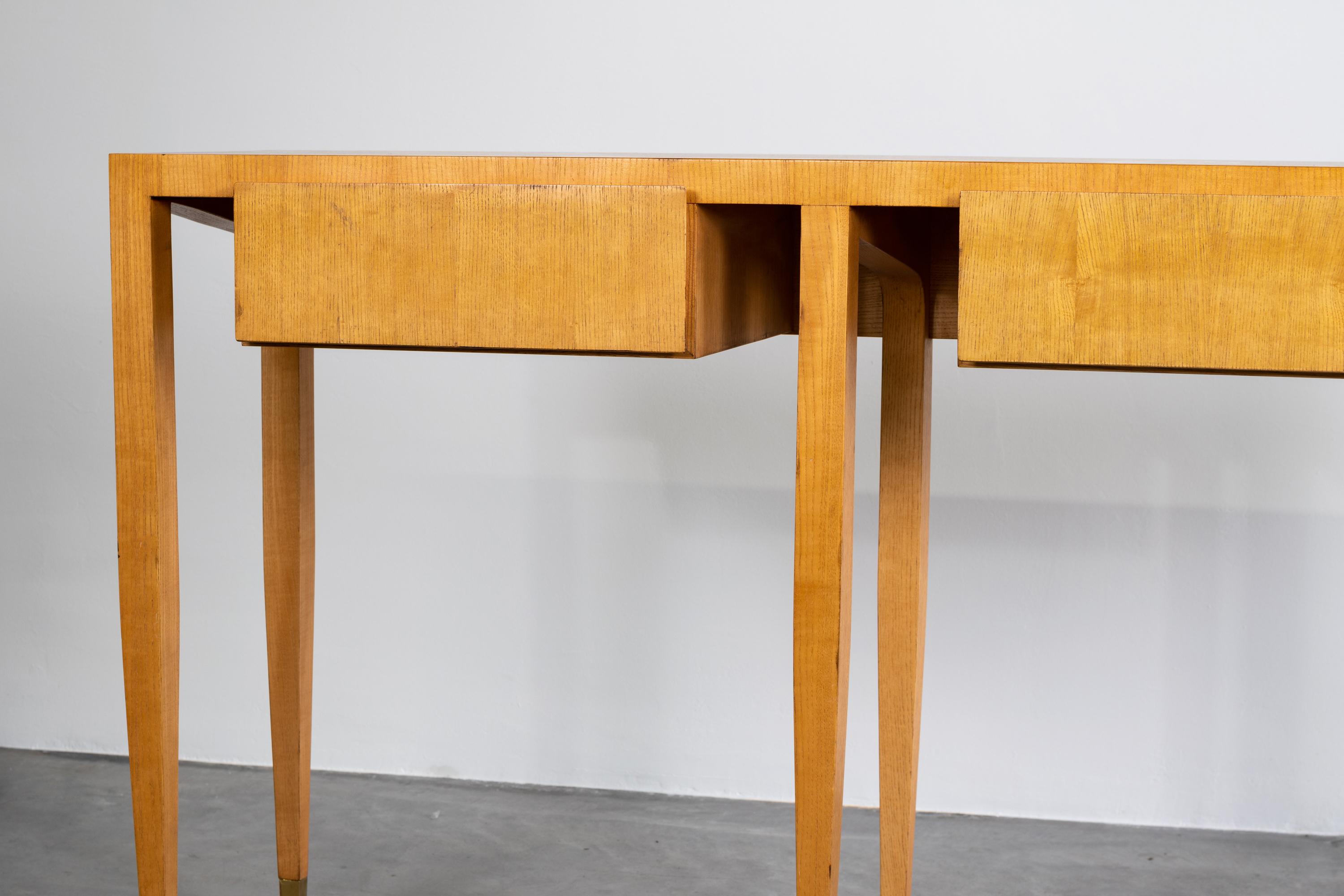 Italian Gio Ponti Ashwood Console Table with Brass Details, 1950s