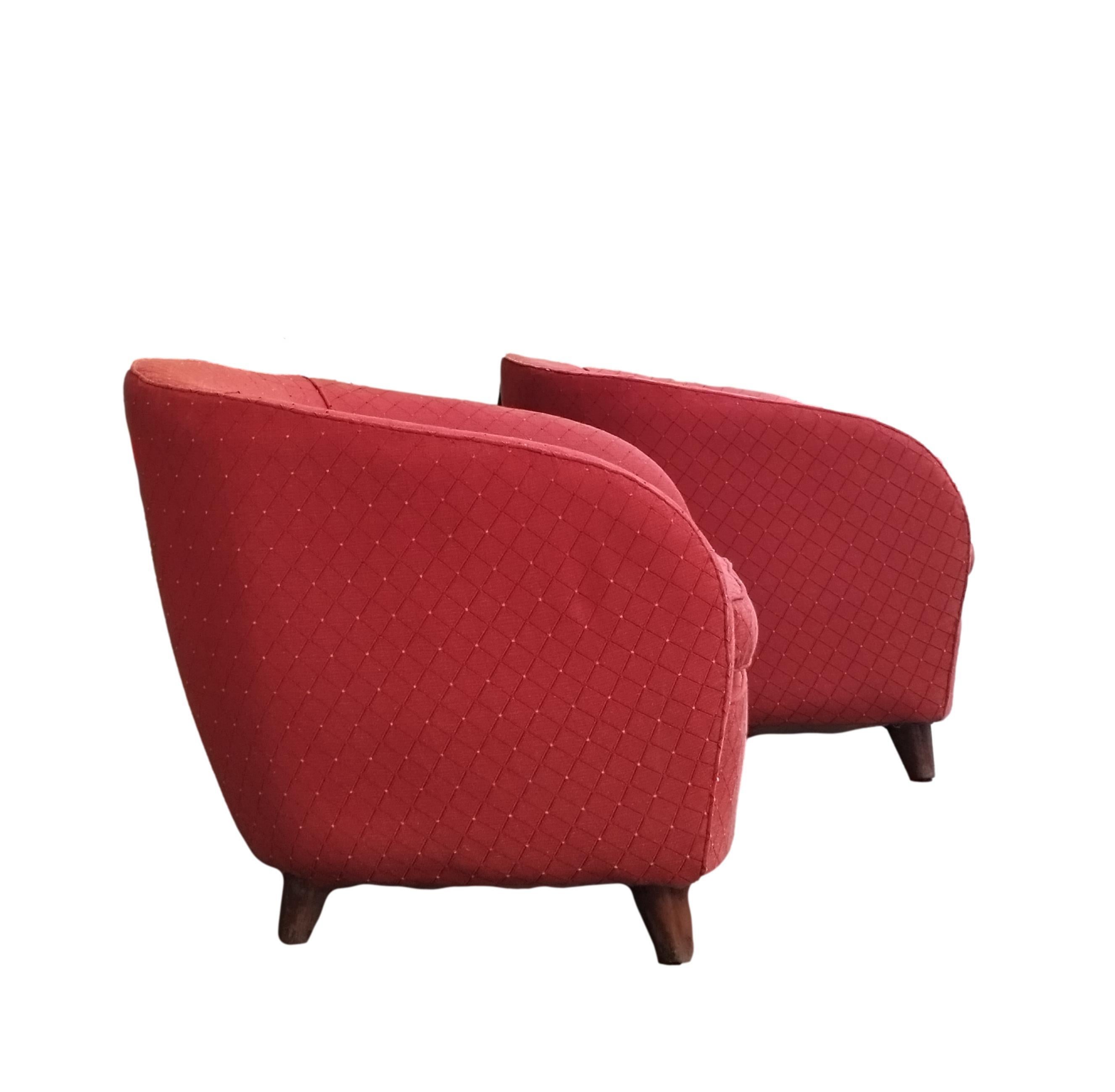 Mid-Century Modern Gio Ponti Attrib. Pair of Red Fabric Armchairs, Italy 1950s For Sale