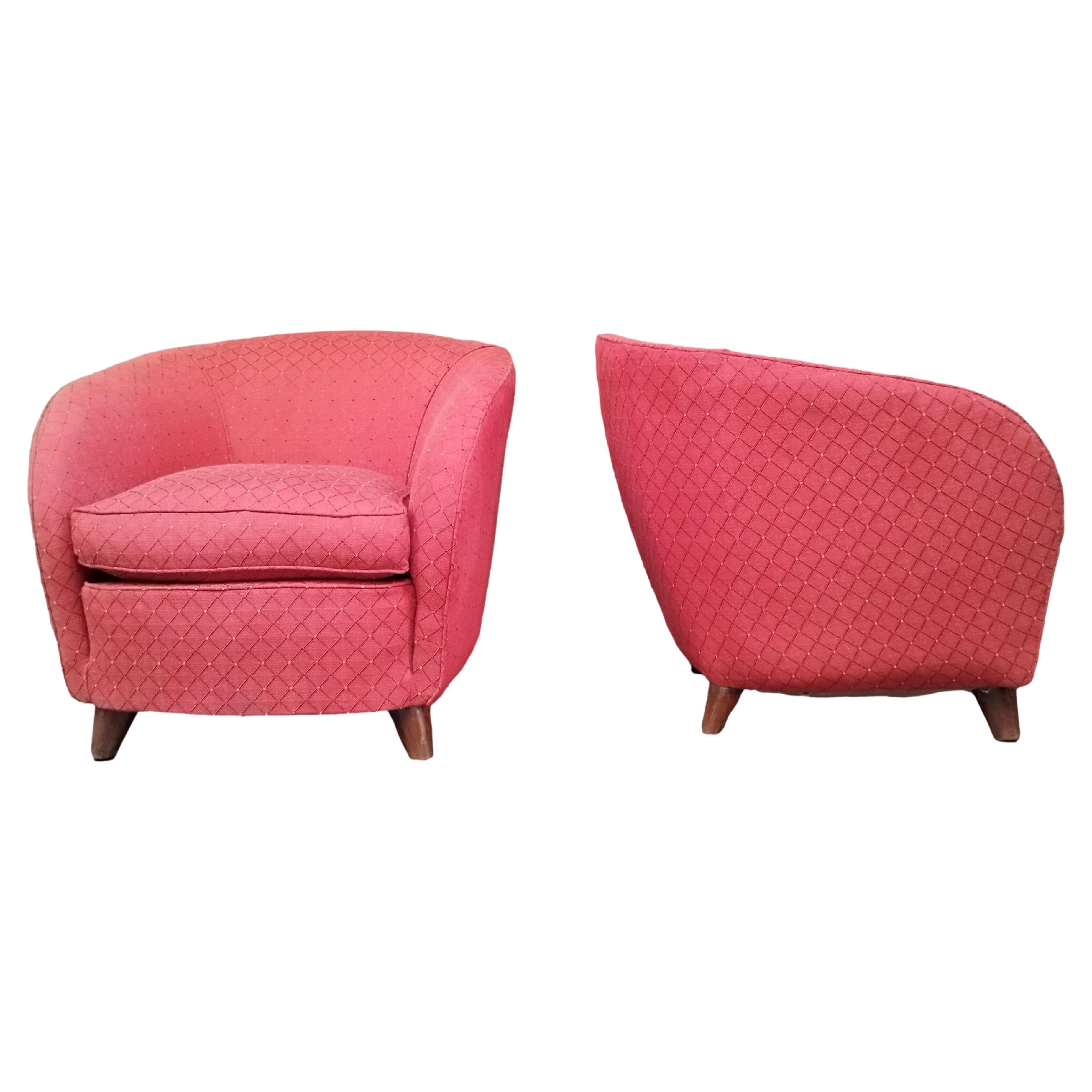 Gio Ponti Attrib. Pair of Red Fabric Armchairs, Italy 1950s