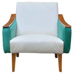 Gio' Ponti Style Sinuous Armchair in White and Green Fabric, Italy 1960s
