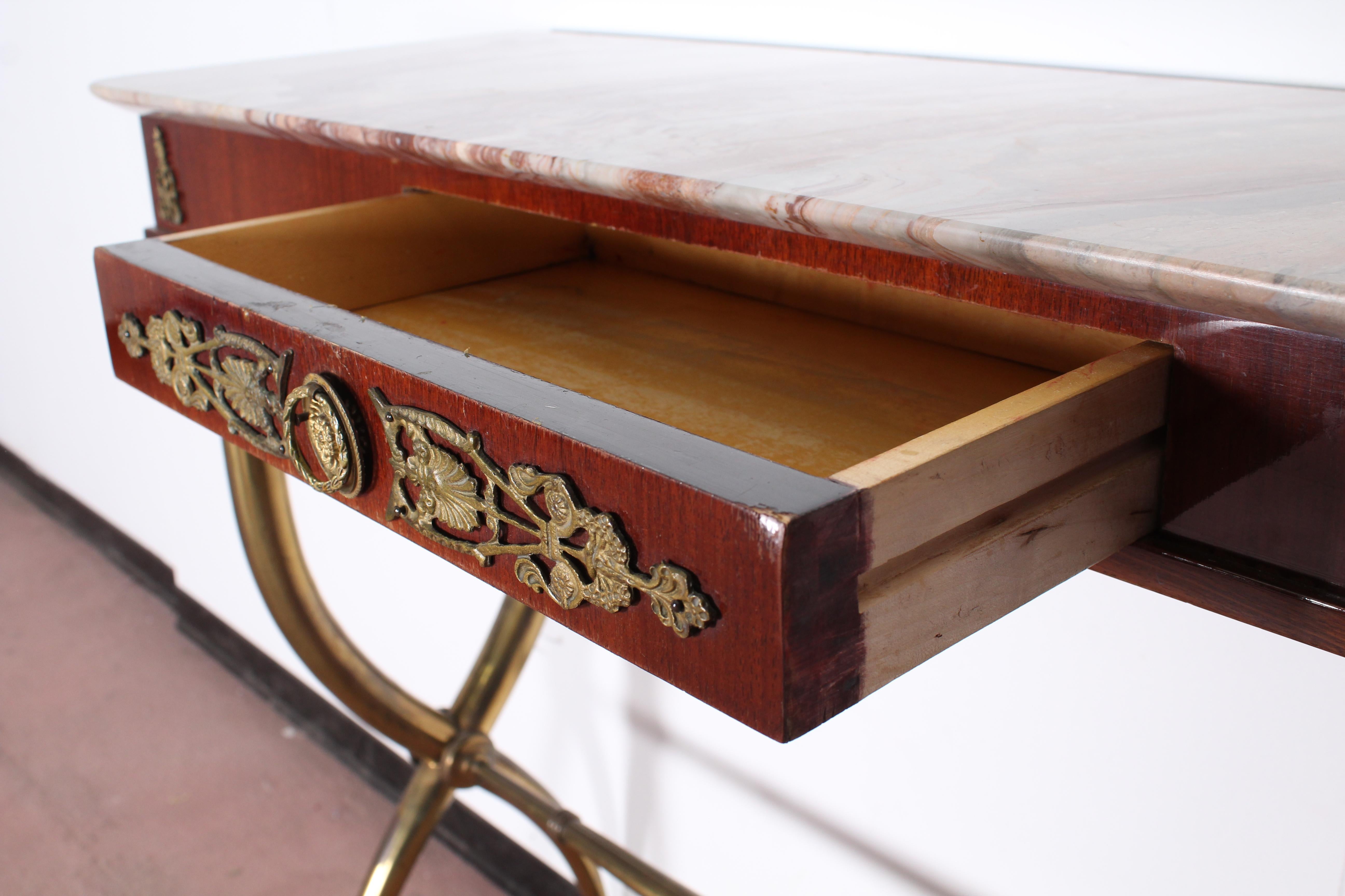  Midcentury wood, Marble and Brass Console Table, Italy 1950s 4