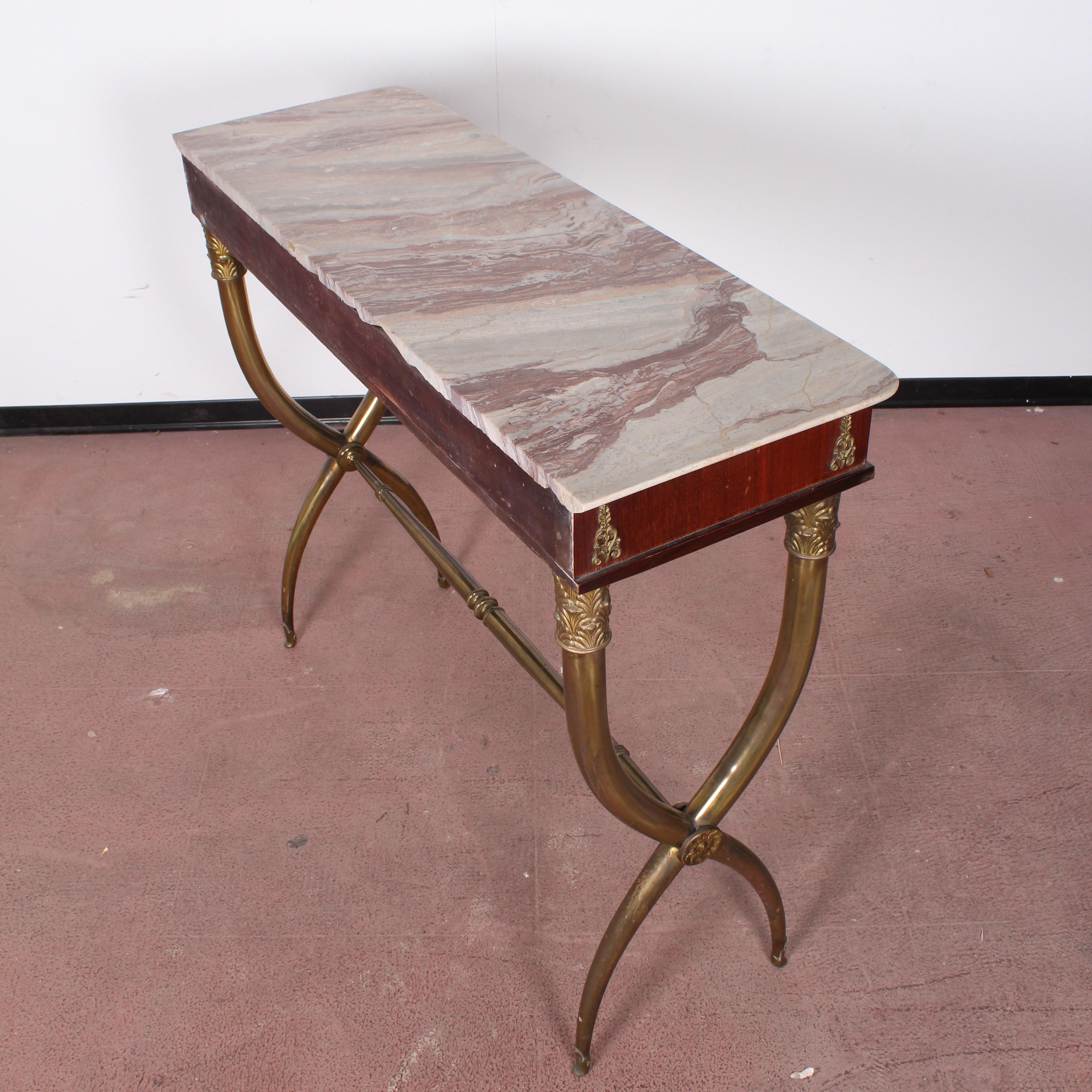  Midcentury wood, Marble and Brass Console Table, Italy 1950s 5