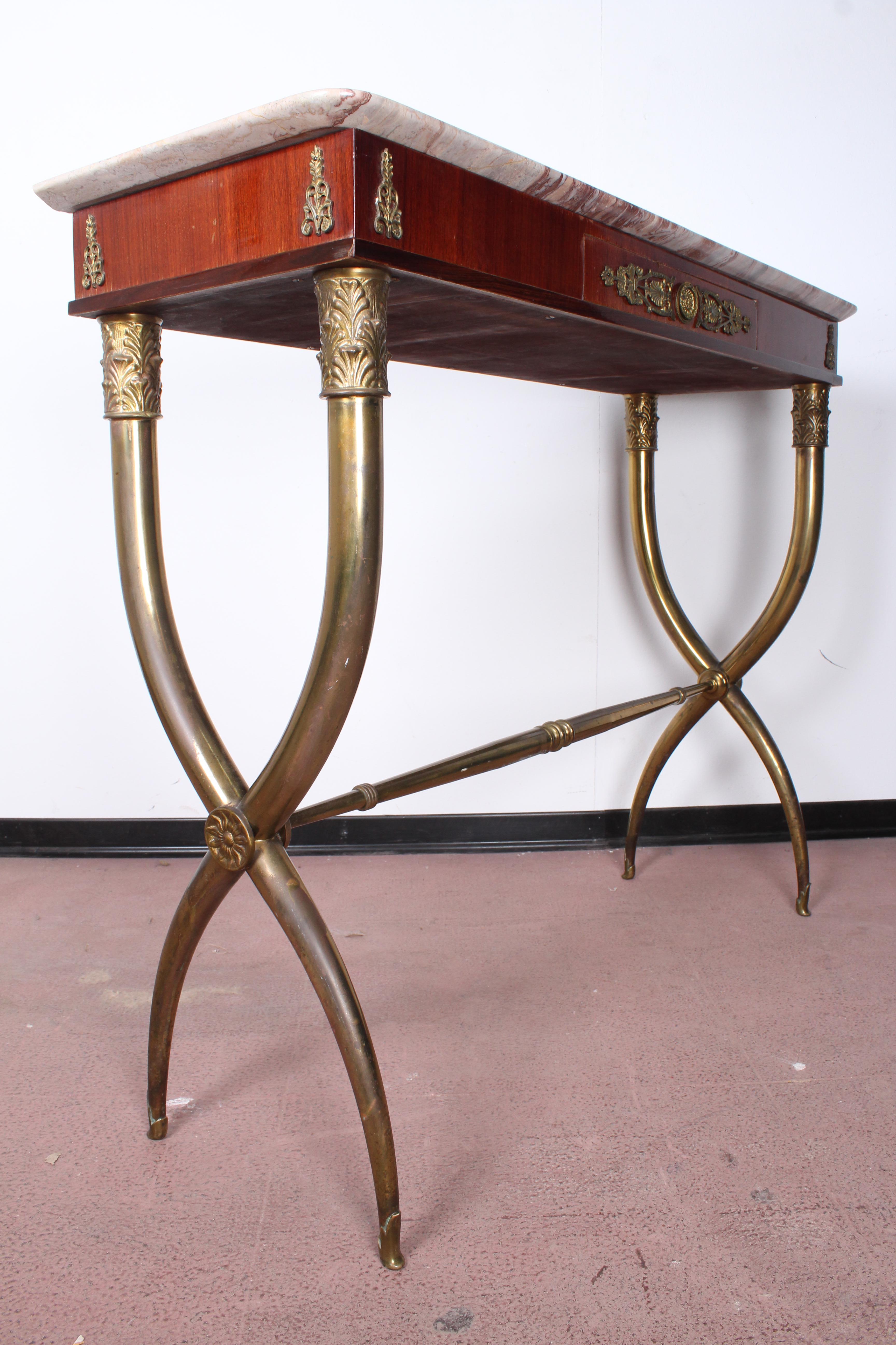 Midcentury wood, Marble and Brass Console Table, Italy 1950s 6