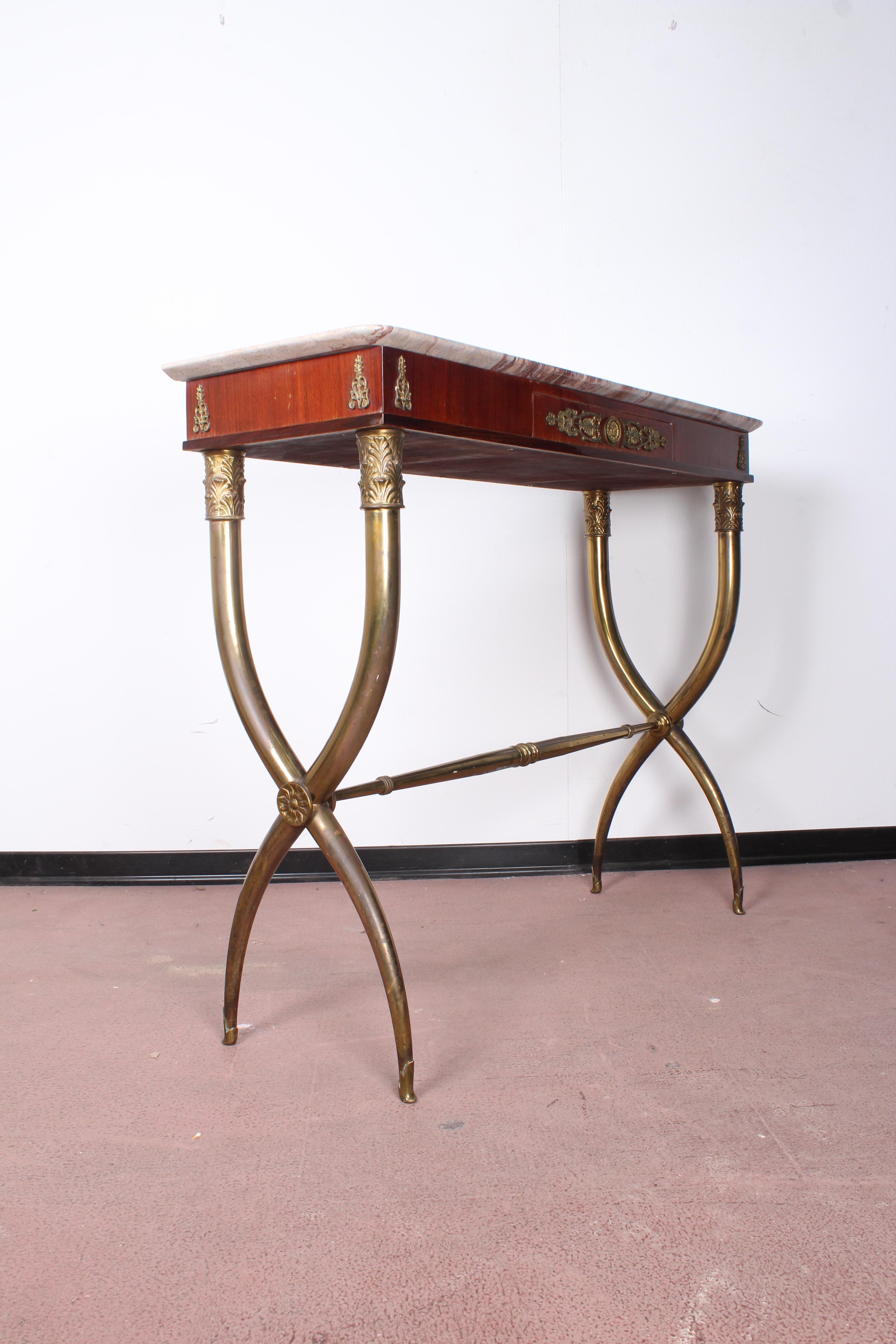  Midcentury wood, Marble and Brass Console Table, Italy 1950s 7