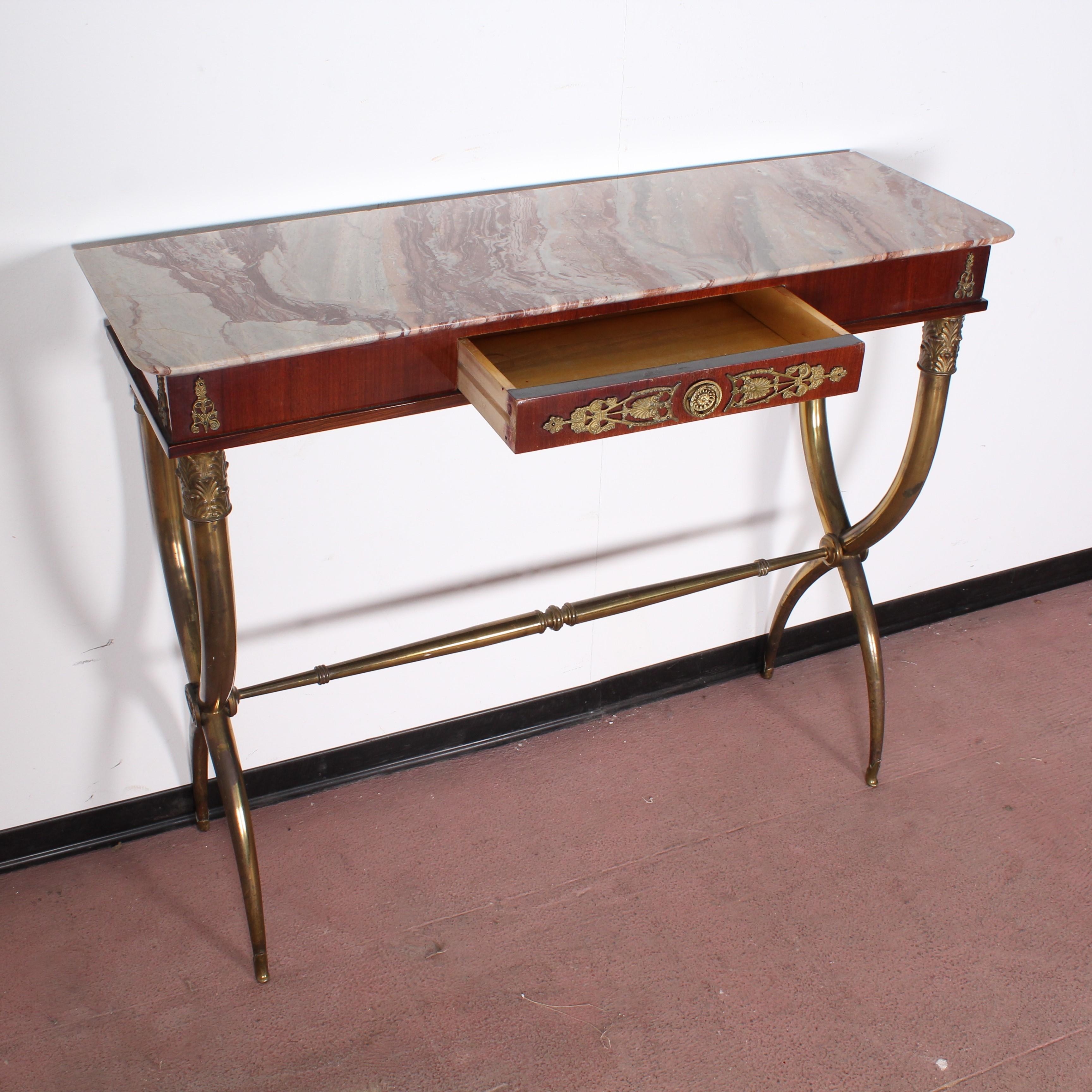 Mid-Century Modern  Midcentury wood, Marble and Brass Console Table, Italy 1950s