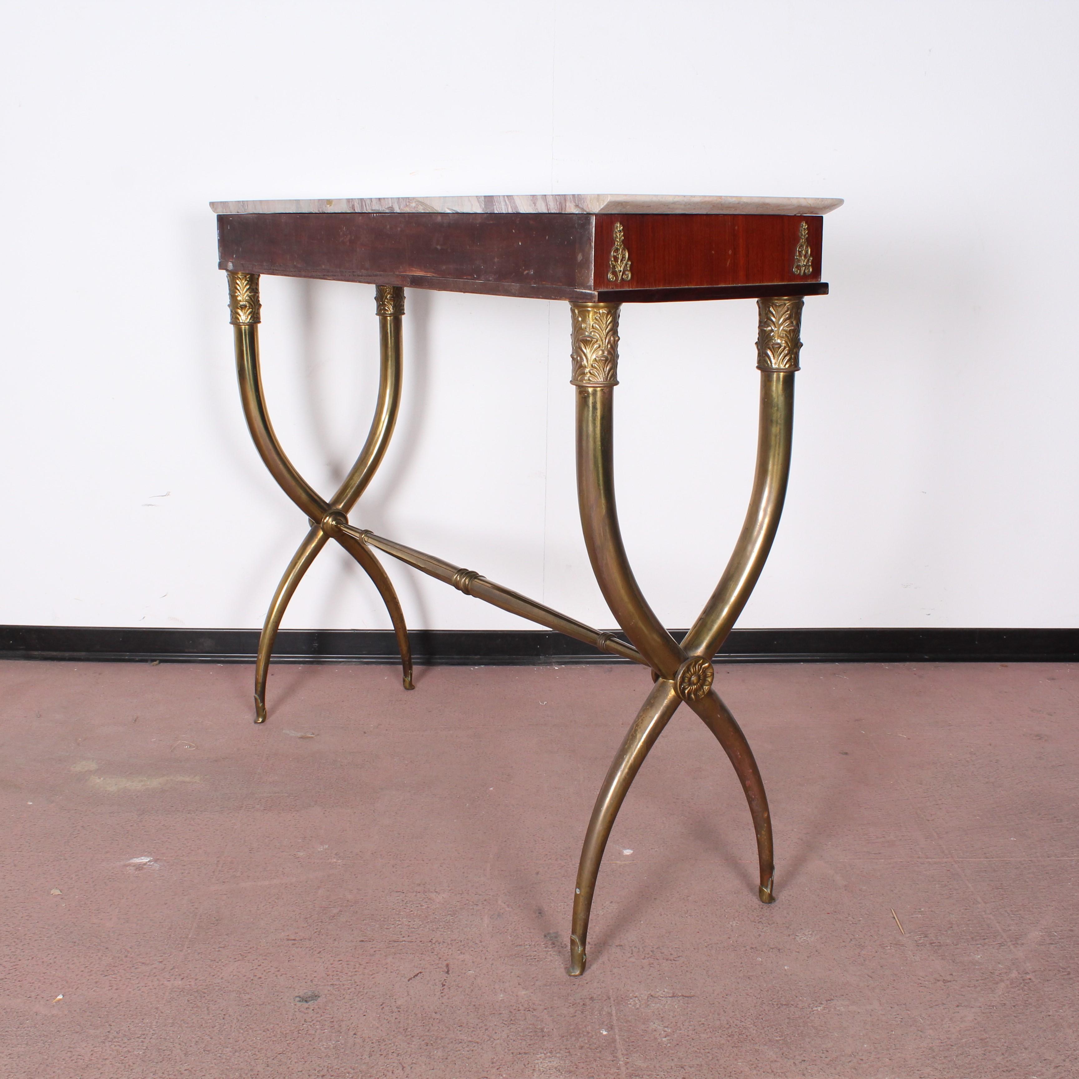 Italian  Midcentury wood, Marble and Brass Console Table, Italy 1950s