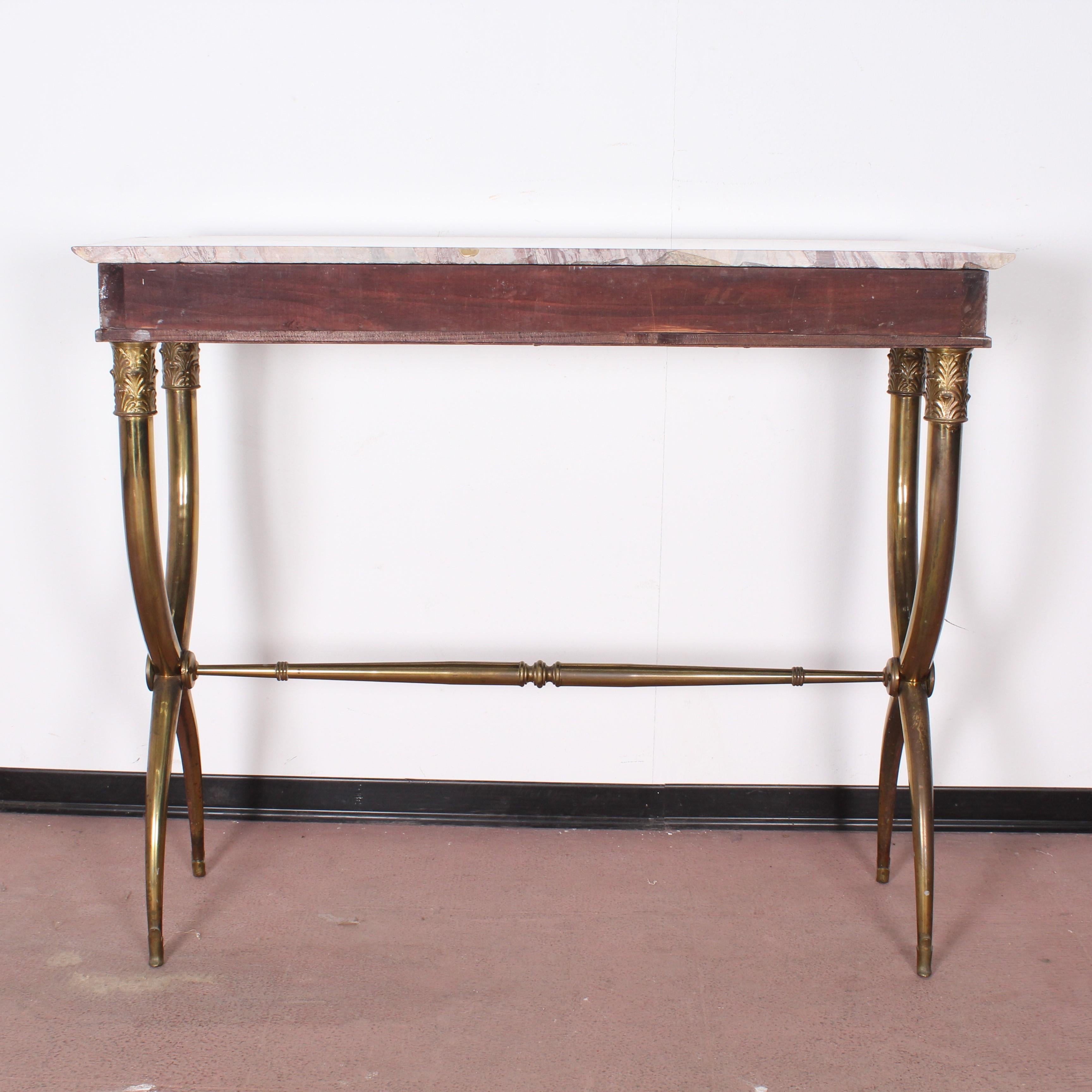  Midcentury wood, Marble and Brass Console Table, Italy 1950s In Good Condition In Palermo, IT