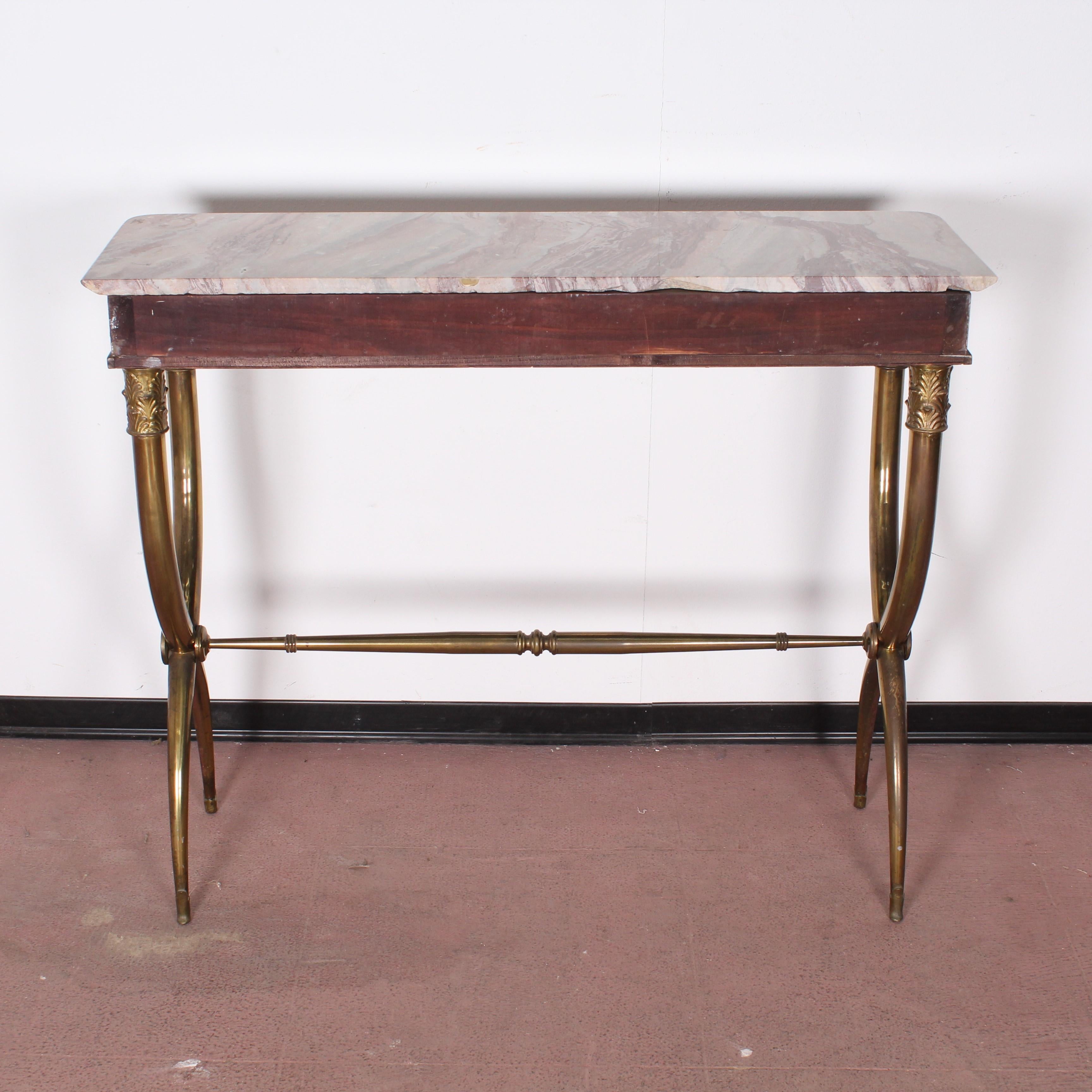  Midcentury wood, Marble and Brass Console Table, Italy 1950s 1