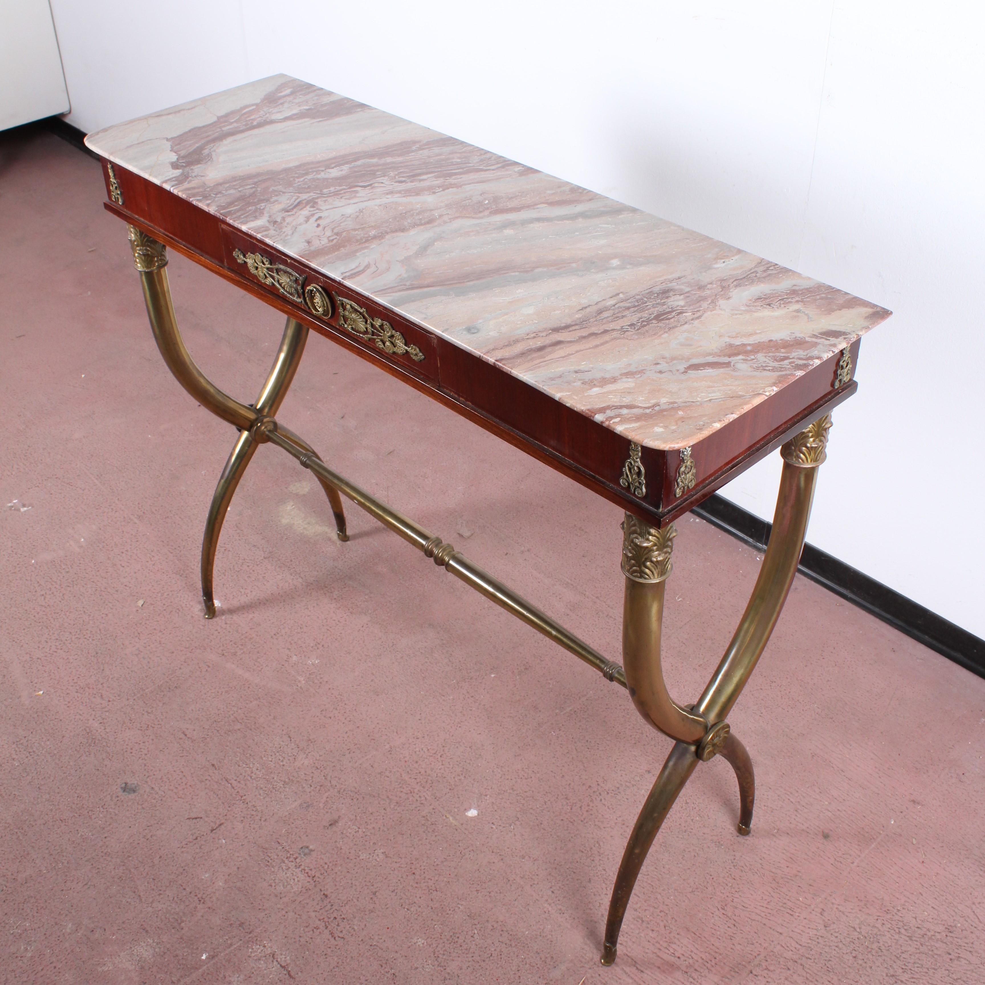  Midcentury wood, Marble and Brass Console Table, Italy 1950s 3