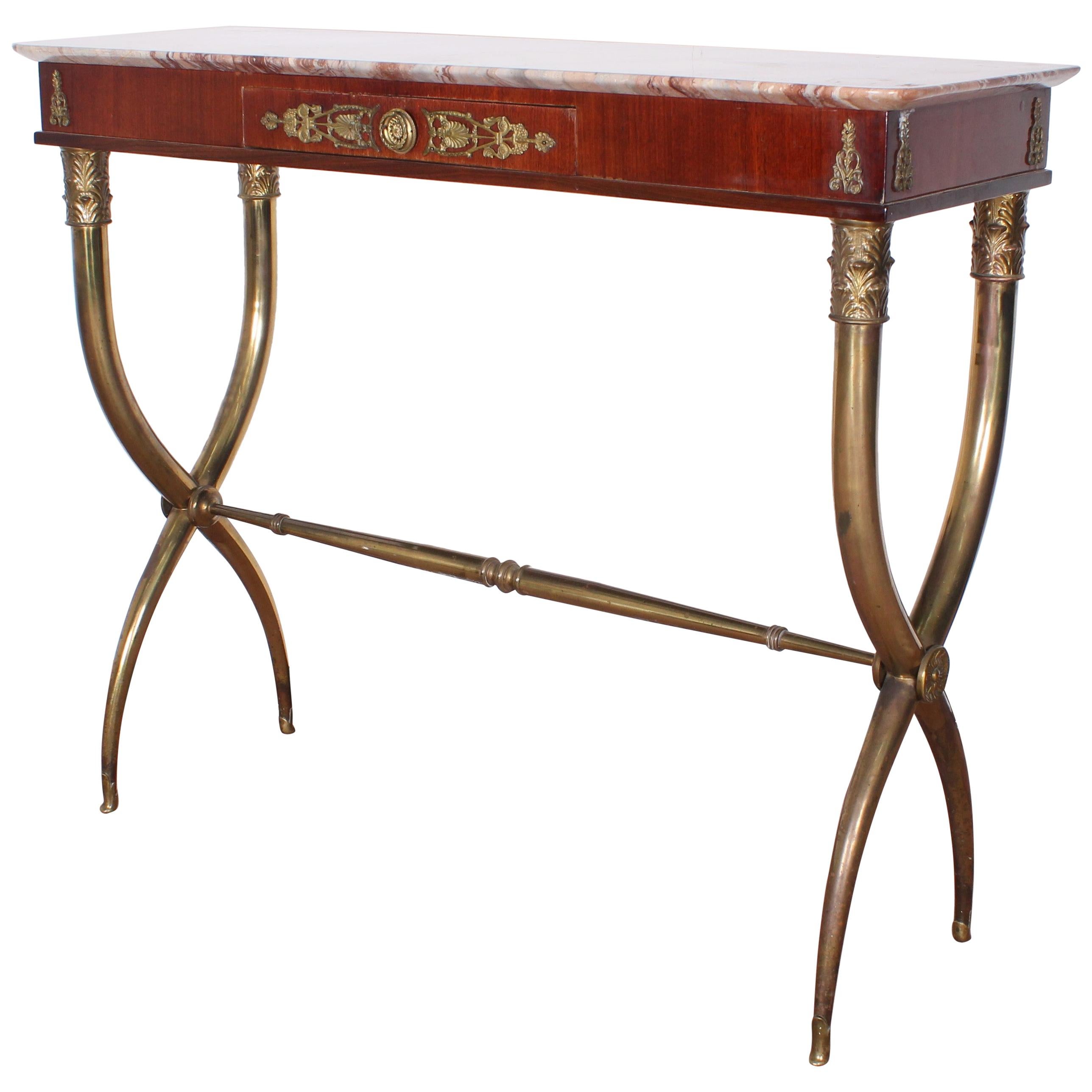  Midcentury wood, Marble and Brass Console Table, Italy 1950s
