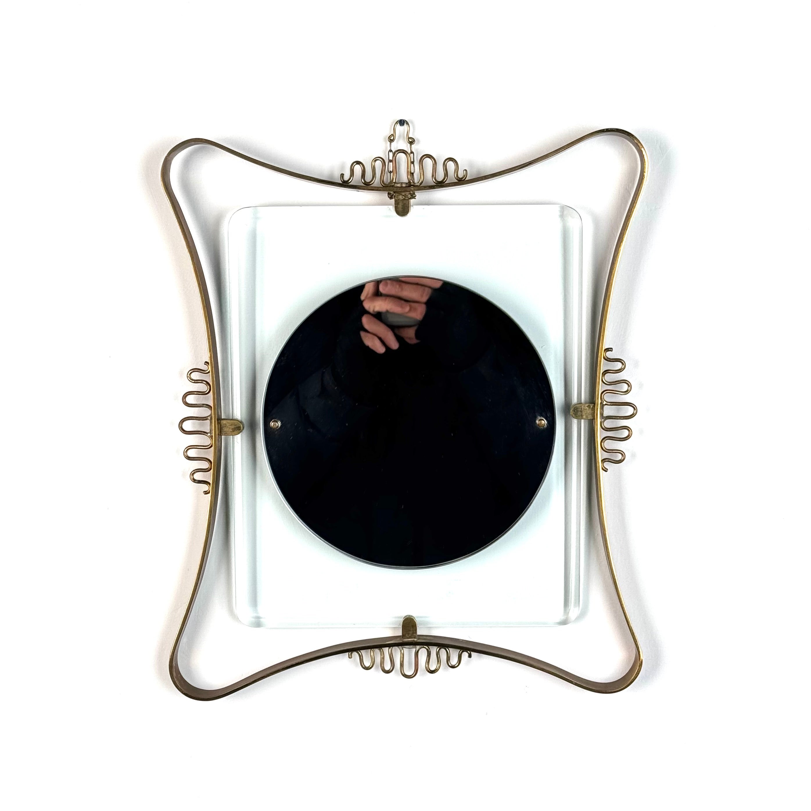 Gio Ponti Attribuited Brass and Blue Glass Wall Mirror, Fontana Arte, 1950s en vente