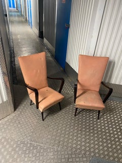 Gio Ponti Manner Mid-Century Lounge Armchairs Distressed Wood Italian 1950s