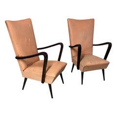 Gio Ponti Manner Mid-Century Lounge Armchairs Distressed Wood Italian 1950s