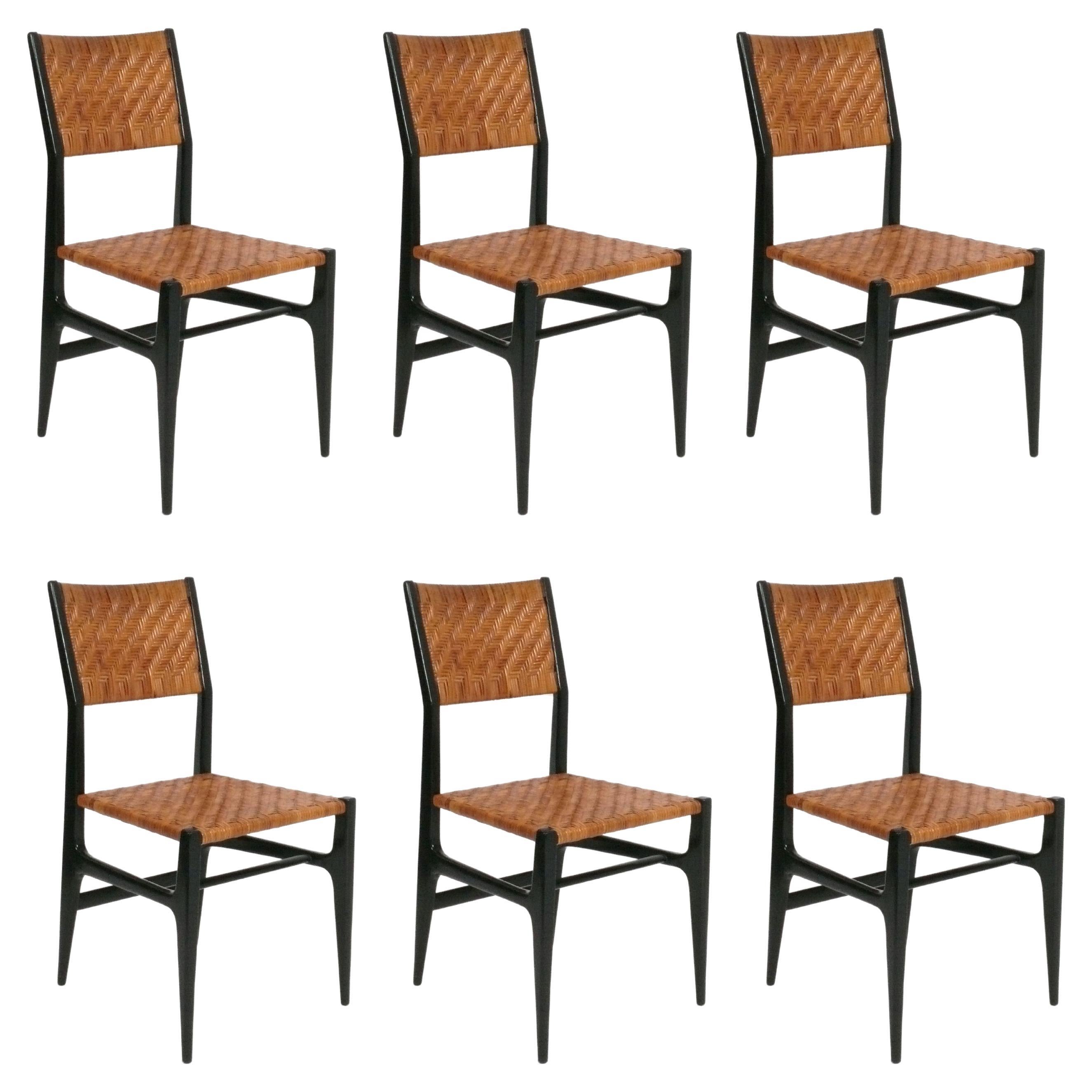 Set di sei sedie da pranzo in canna intrecciata di Gio Ponti, attribuite alla metà del secolo scorso in vendita