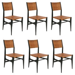 Gio Ponti Attributed Mid Century Woven Cane Dining Chairs Set of Six