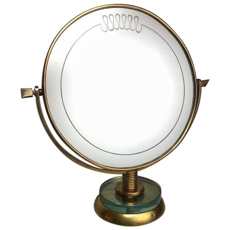 Gio Ponti Attributed Round Vanity Mirror on a Brass and Glass Stand