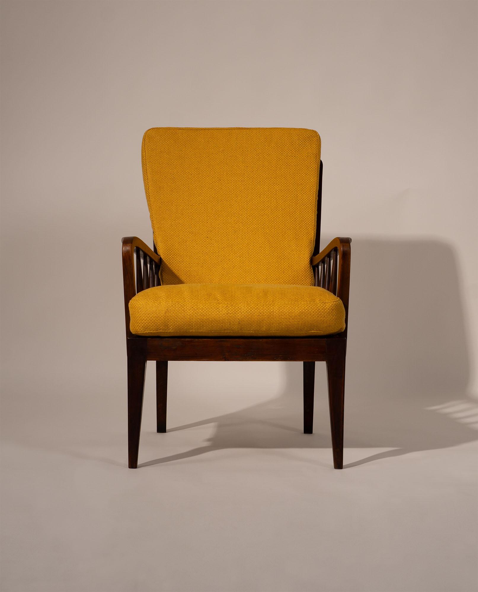 Pair of armchairs attributed to Gio Ponti, Italy, late 1940s. These exquisite and remarkably light pieces embody the refined balance of modernity and craftsmanship characteristic of Ponti’s postwar design. Constructed in solid walnut with elegantly