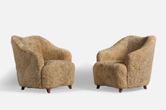 Gio Ponti Attribution, Lounge Chairs, Shearling, Wood, Italy, 1940s