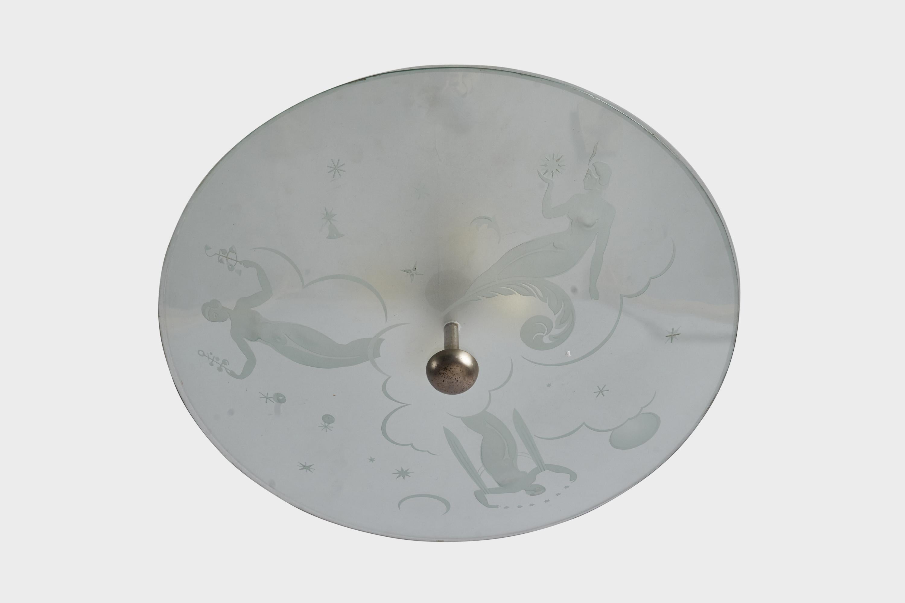 A brass and semi-frosted glass pendant attributed to Gio Ponti, Italy, 1940s.

Overall Dimensions (inches): 14.5” H x 20” Diameter
Back Plate Dimensions (inches): 2.75” Diameter
Bulb Specifications: E-26 Bulb
Number of Sockets: 4
All lighting will