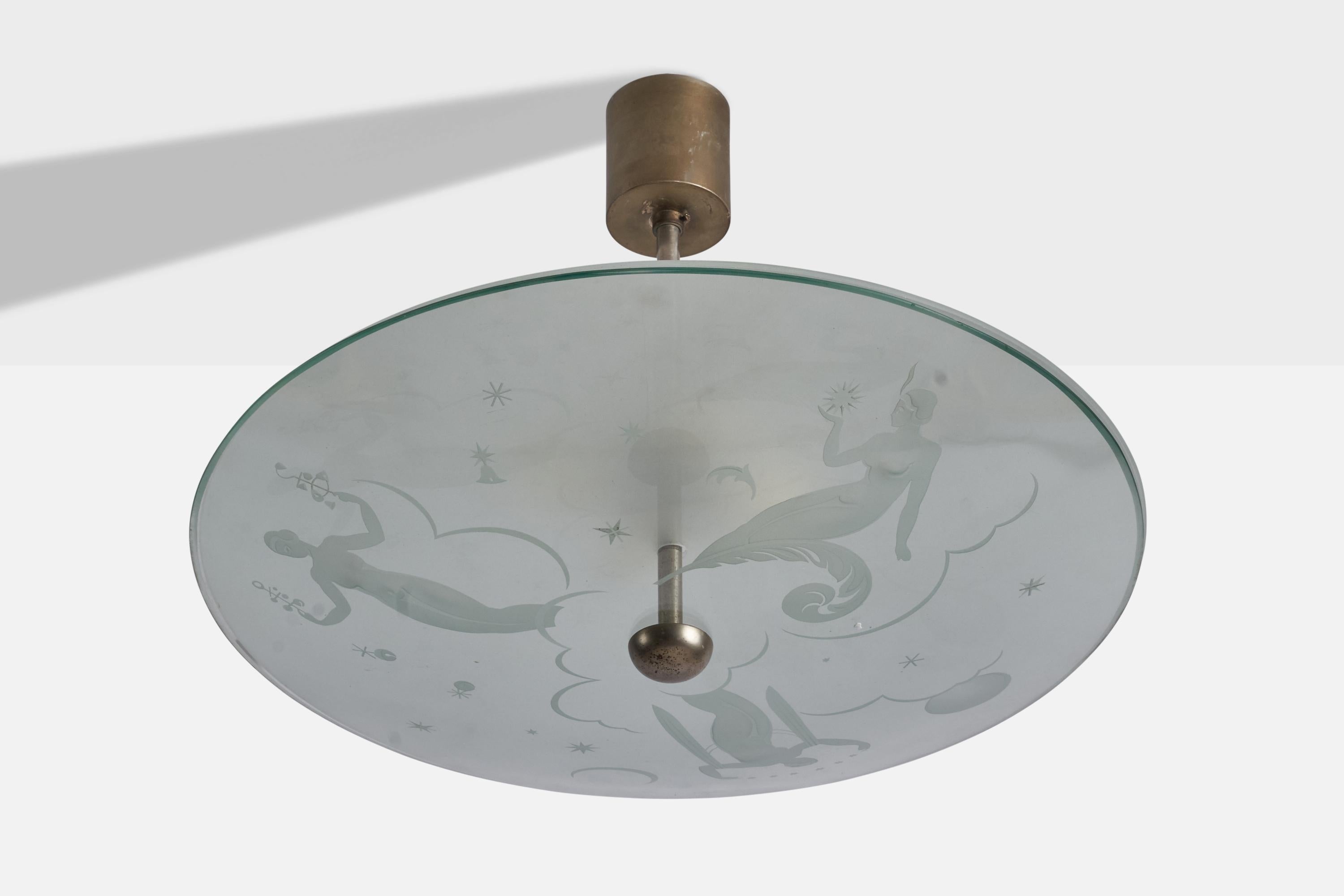 Italian Gio Ponti Attribution, Pendant light, Brass, Glass, Italy, 1940s