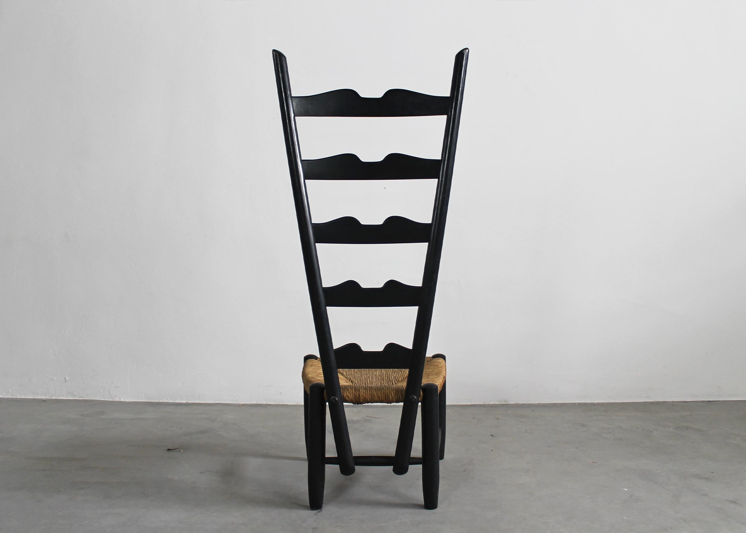 Italian Gio Ponti Fireside Chair in Black Beech Wood and Straw by Casa & Giardino 50s