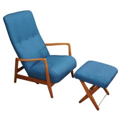 Vintage Gio Ponti Blue Reclining Armchair with Matching Footstool