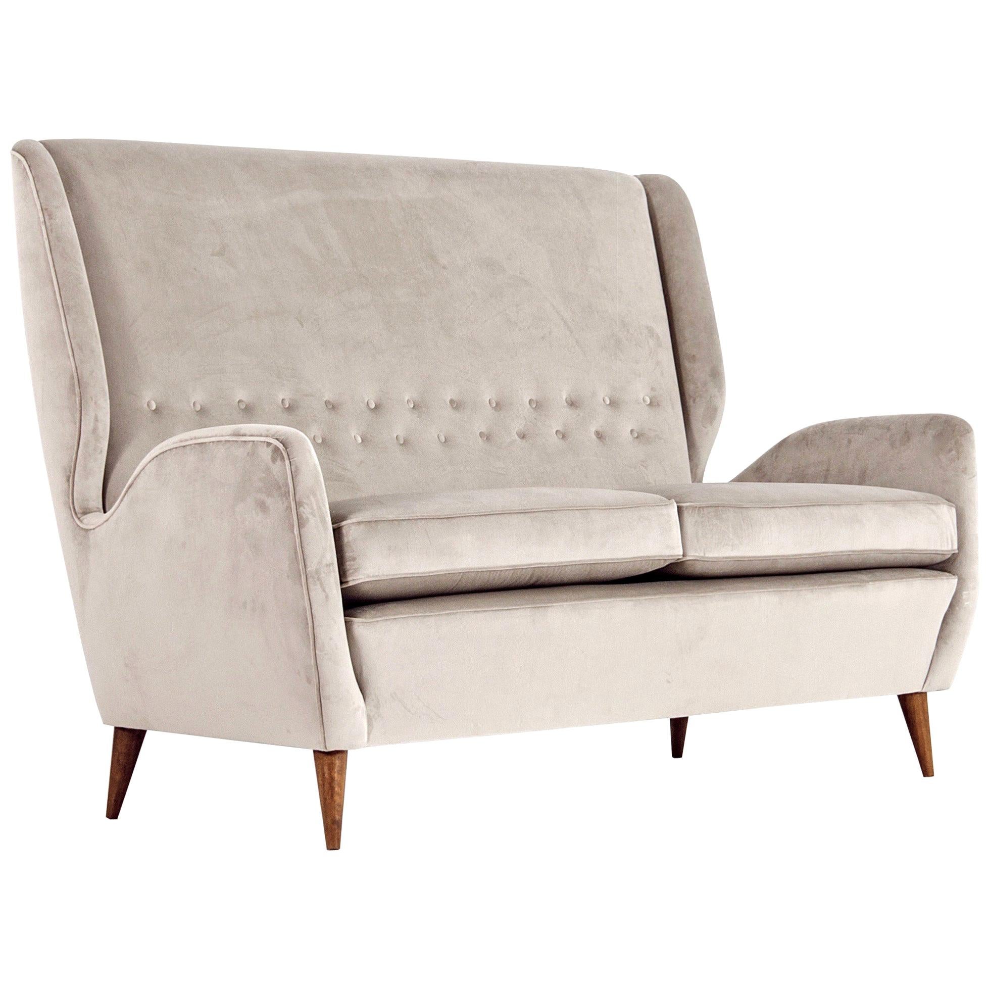 Gio Ponti Certified 1940s Vintage Italian High Back Sofa in Light Gray Velvet