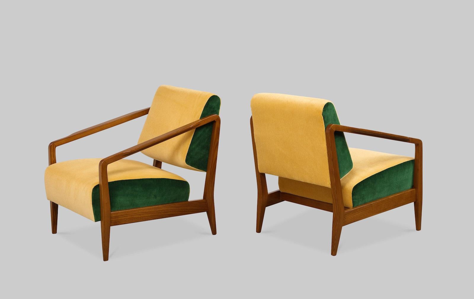 Rare pair of lounge chairs by Gio Ponti. Produced by Isa, Bergamo in very limited numbers. Oak frames, and upholstered seats and backs. Great graphic form. Published: Gio Ponti: 'Idee' d'arte e di architettura a Imola e in Romagna. F. Bertoni, Pg.