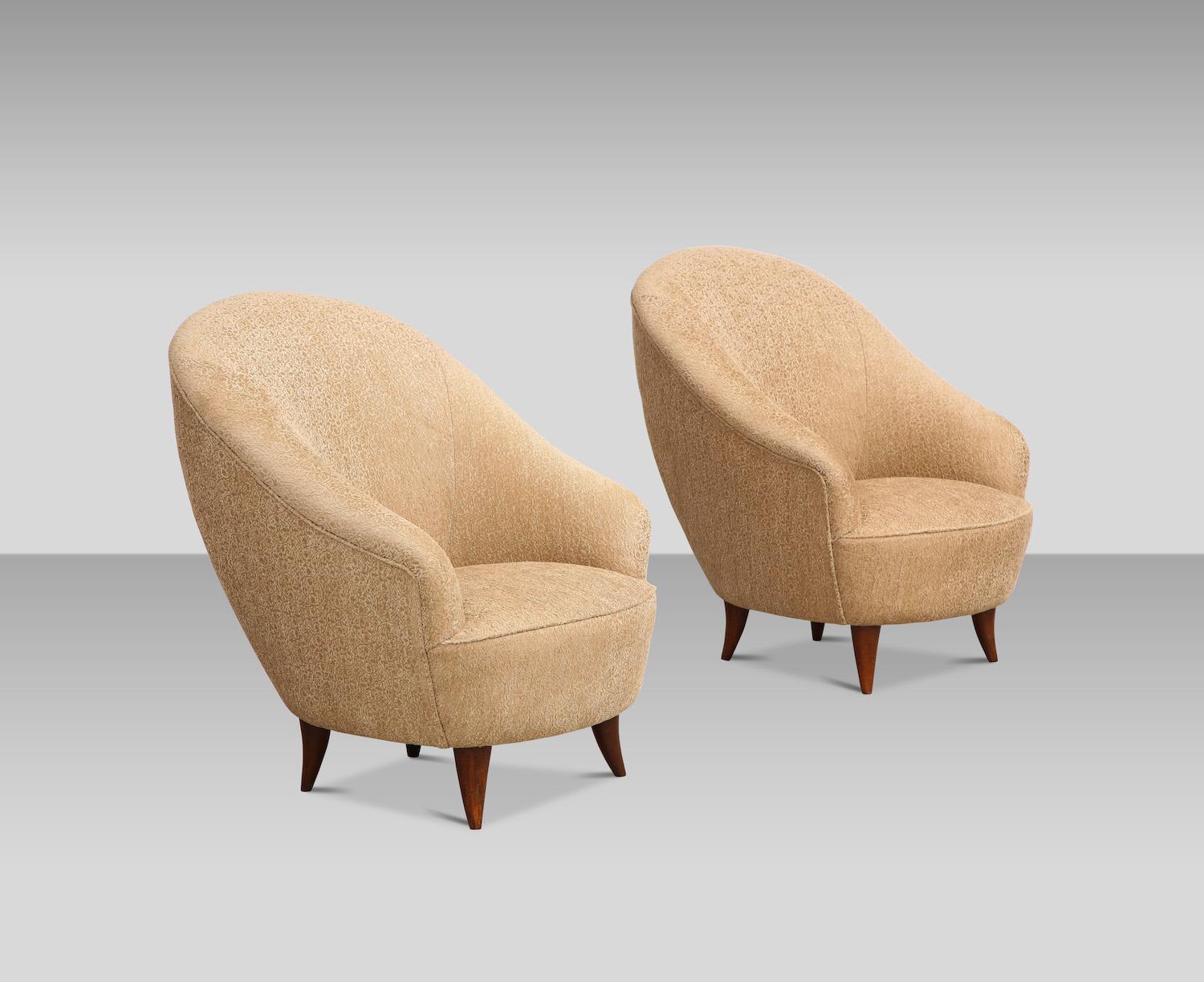 Rare Pair of Petite Chairs by Gio Ponti.  Rare, petite pair of chairs by Ponti.  Horn-shaped wood legs and recently upholstery seat and back.  Very good restored condition.  *These chairs have been authenticated by the Gio Ponti Archives.