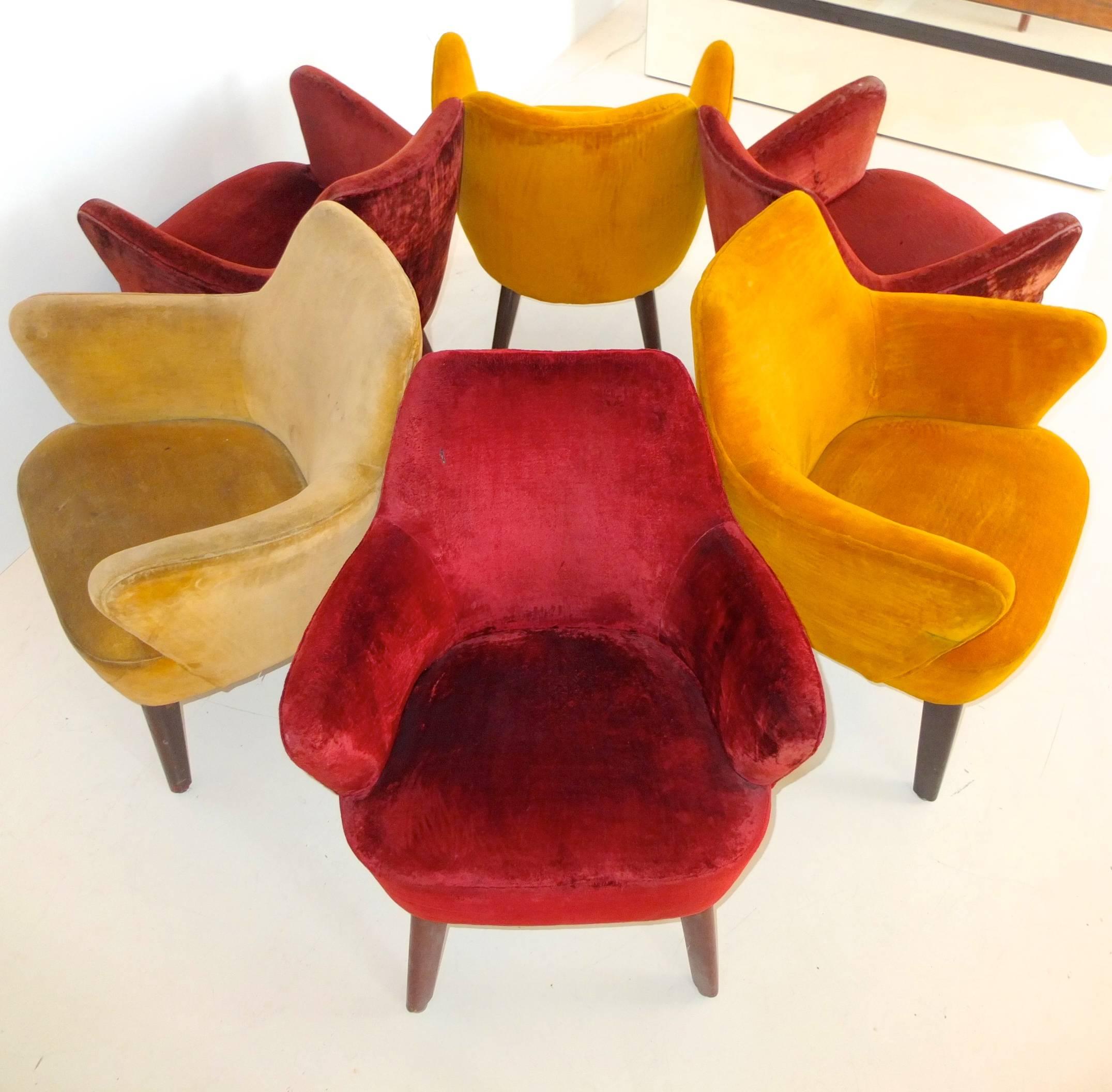 Three pairs of extremely rare and highly coveted chairs designed by Gio Ponti and produced by Cassina, Italy for the First Class bar of Italia Line's MV Augustus ocean liner. 
These were salvaged from the famed liner at the ship breakers in Alang,