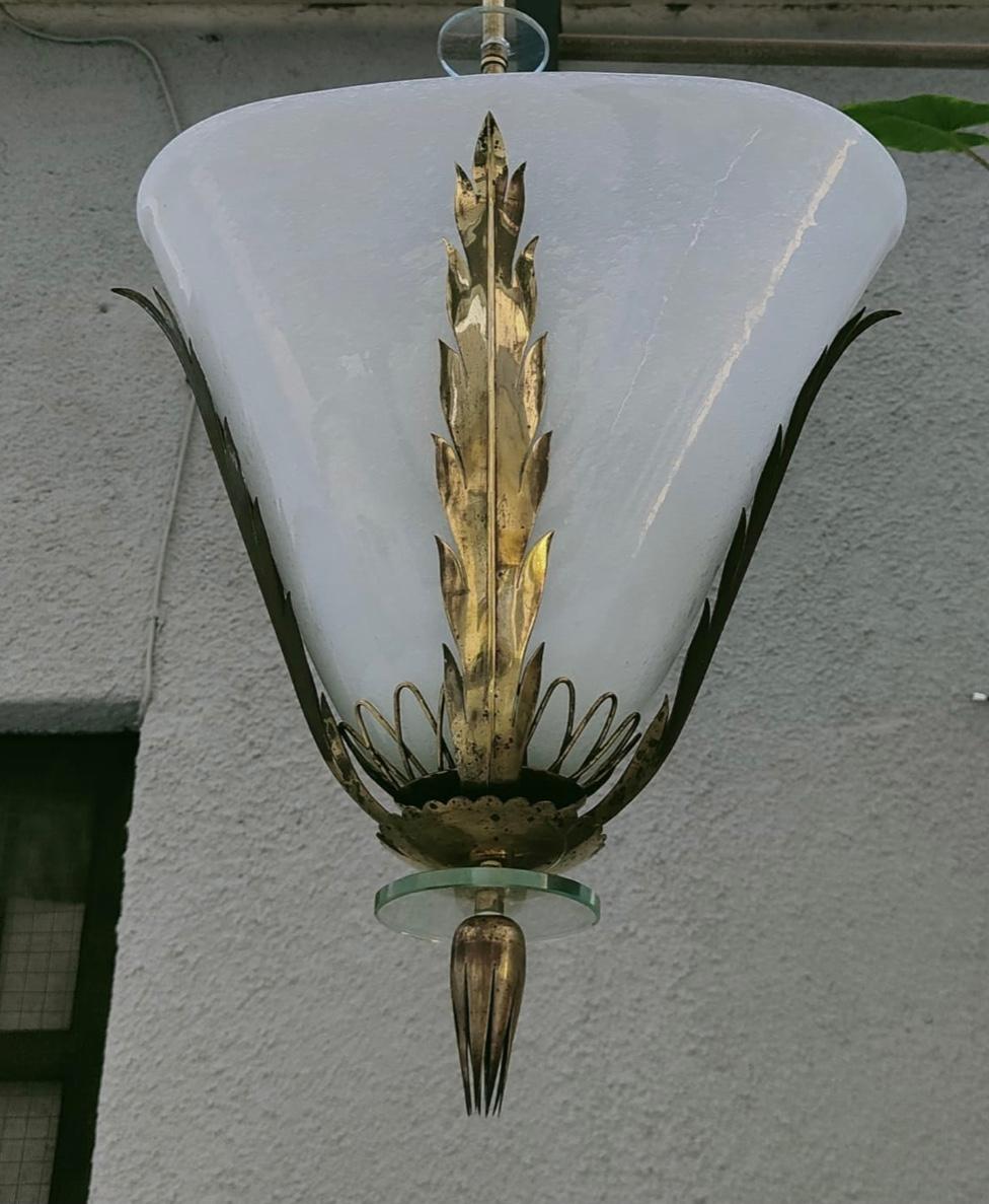 Exceptional Gio’ Ponti chandelier brass murano Pulegoso glass 1940 Italy.