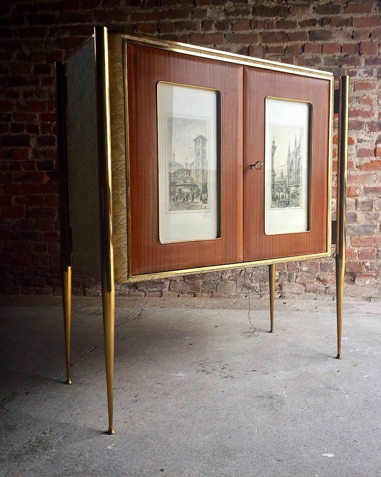 A magnificent and truly stunning Italian cocktail cabinet possibly by Gio Ponti (1891-1979) circa 1950s, the laminate top above two panelled doors both depicting street scenes of buildings in Milan dated 1954, internally there is one glass shelf and