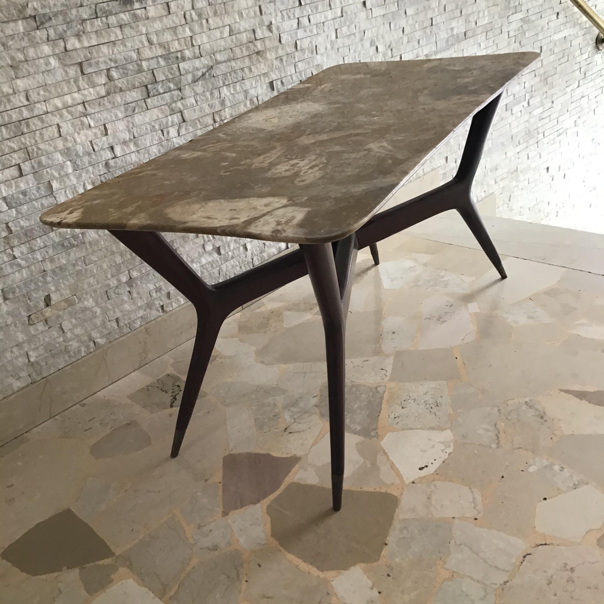 Gio’ Ponti Coffee Table Brass Wood Marbre, 1950, Italy  For Sale 4